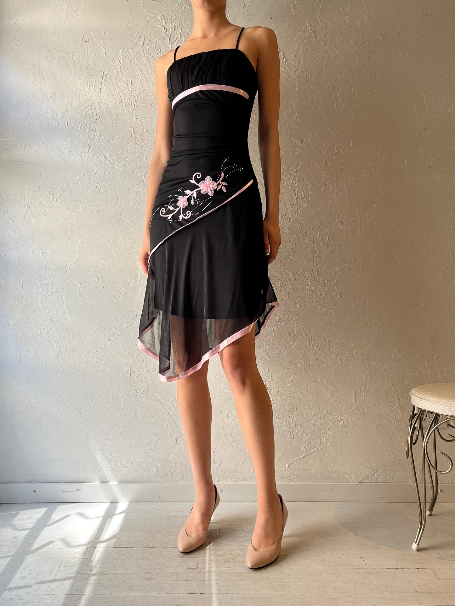 Y2k 'Mariposa' Black Assymetical Mesh Spring Midi Dress / XS
