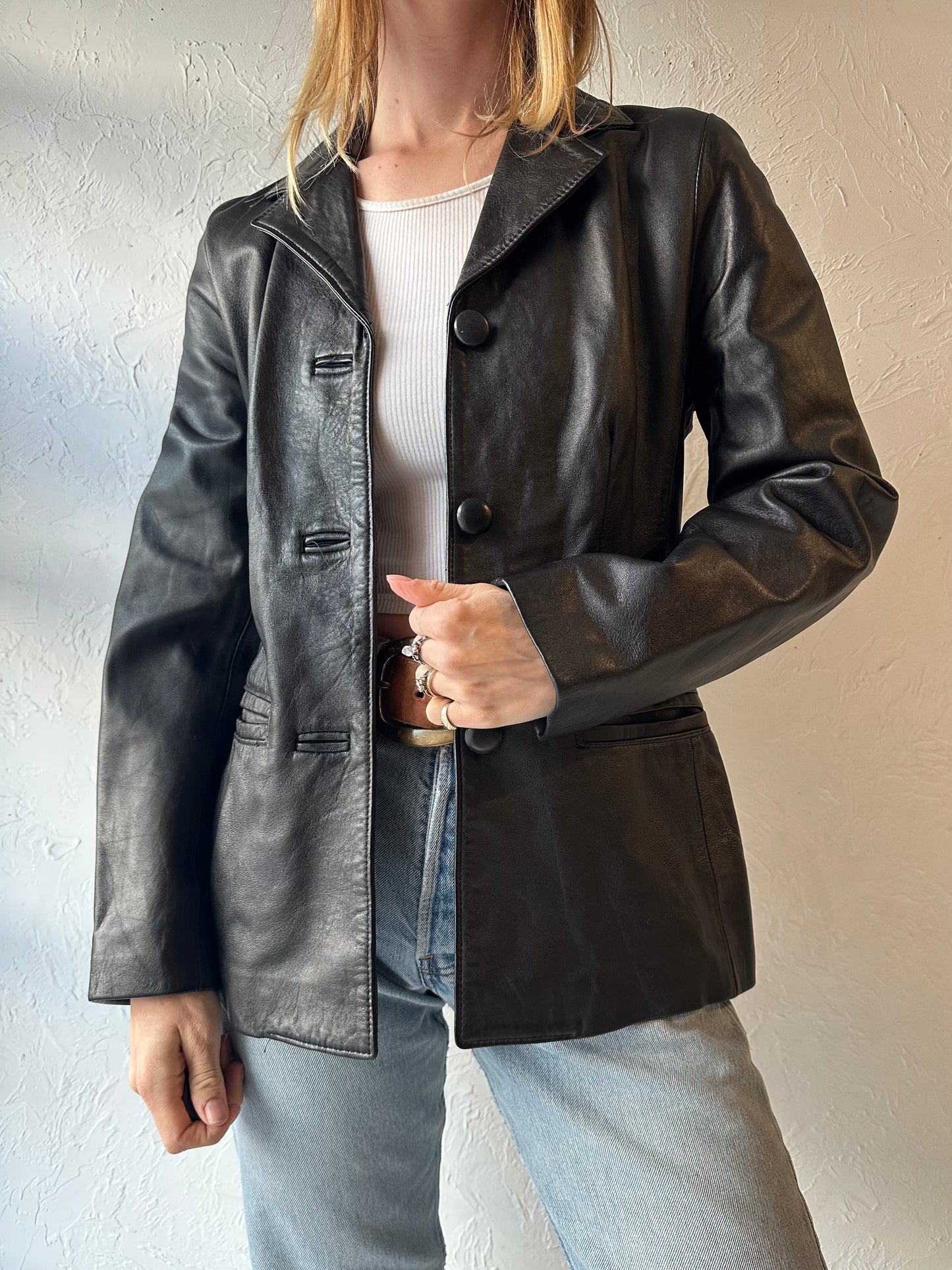 90s ‘Planet Euro’ Black Leather Jacket / Small