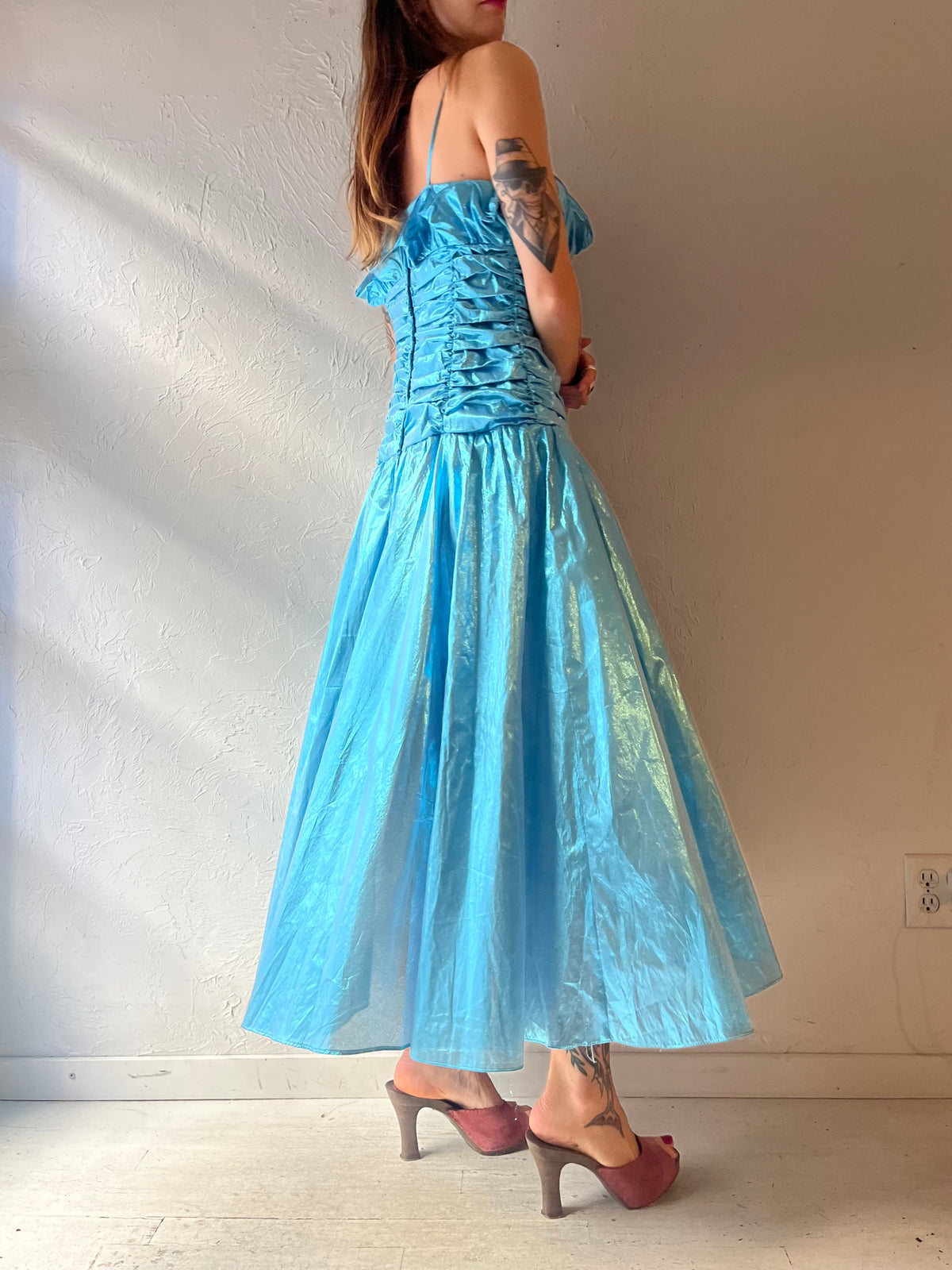 80s 'Candi Jones' Blue Metalic Formal Retro Prom Dress / Medium