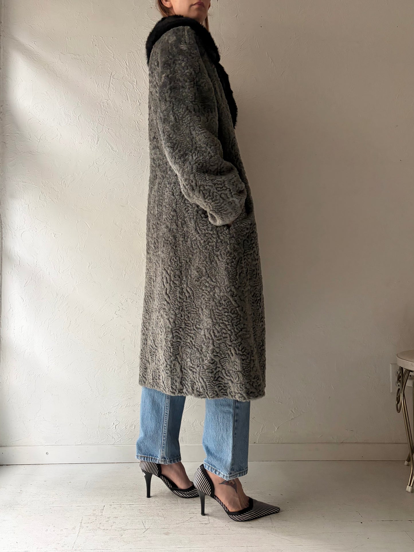 80s Grey Faux fur Coat / Large