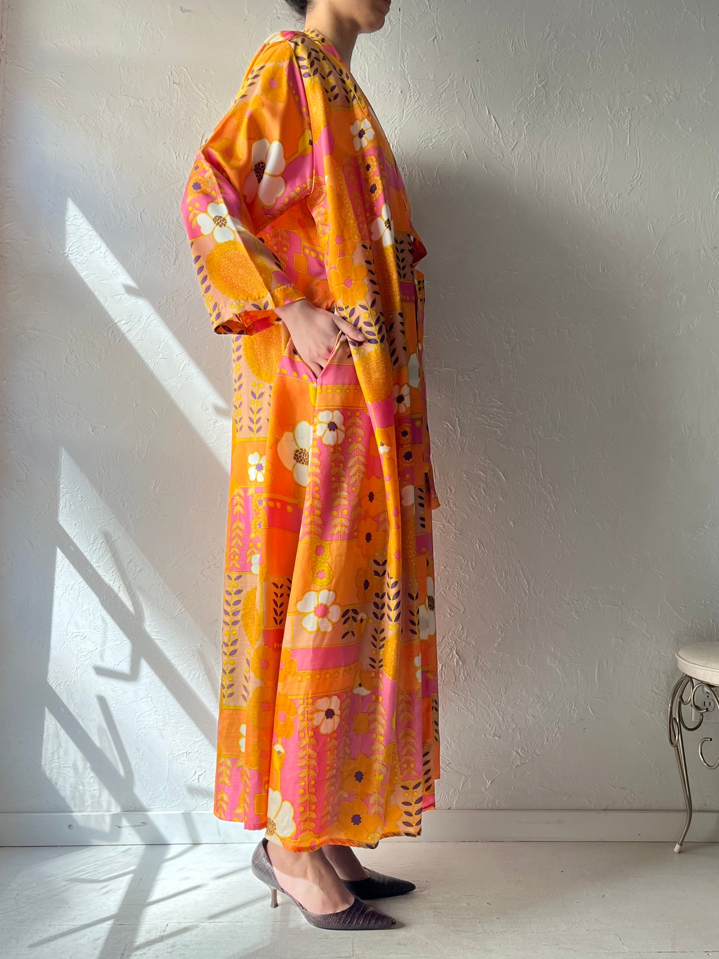 70s 'Kayser' Floral Robe Wrap Hippie Retro Dress / Large