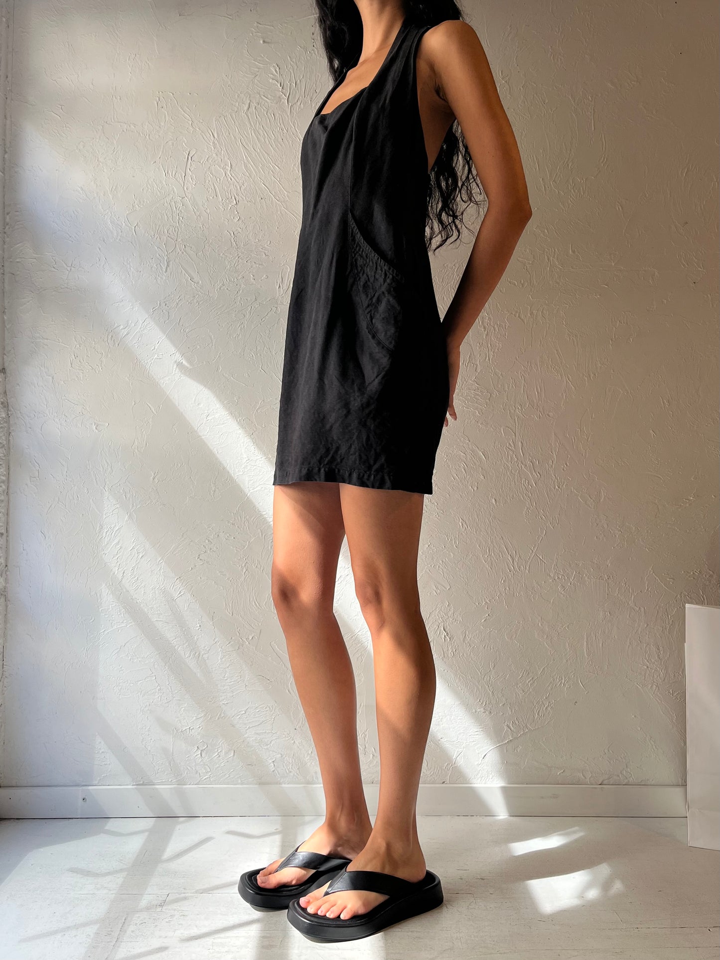 90s 'Jean Claude Poitras' Black Linen Halter Mini Dress / Small