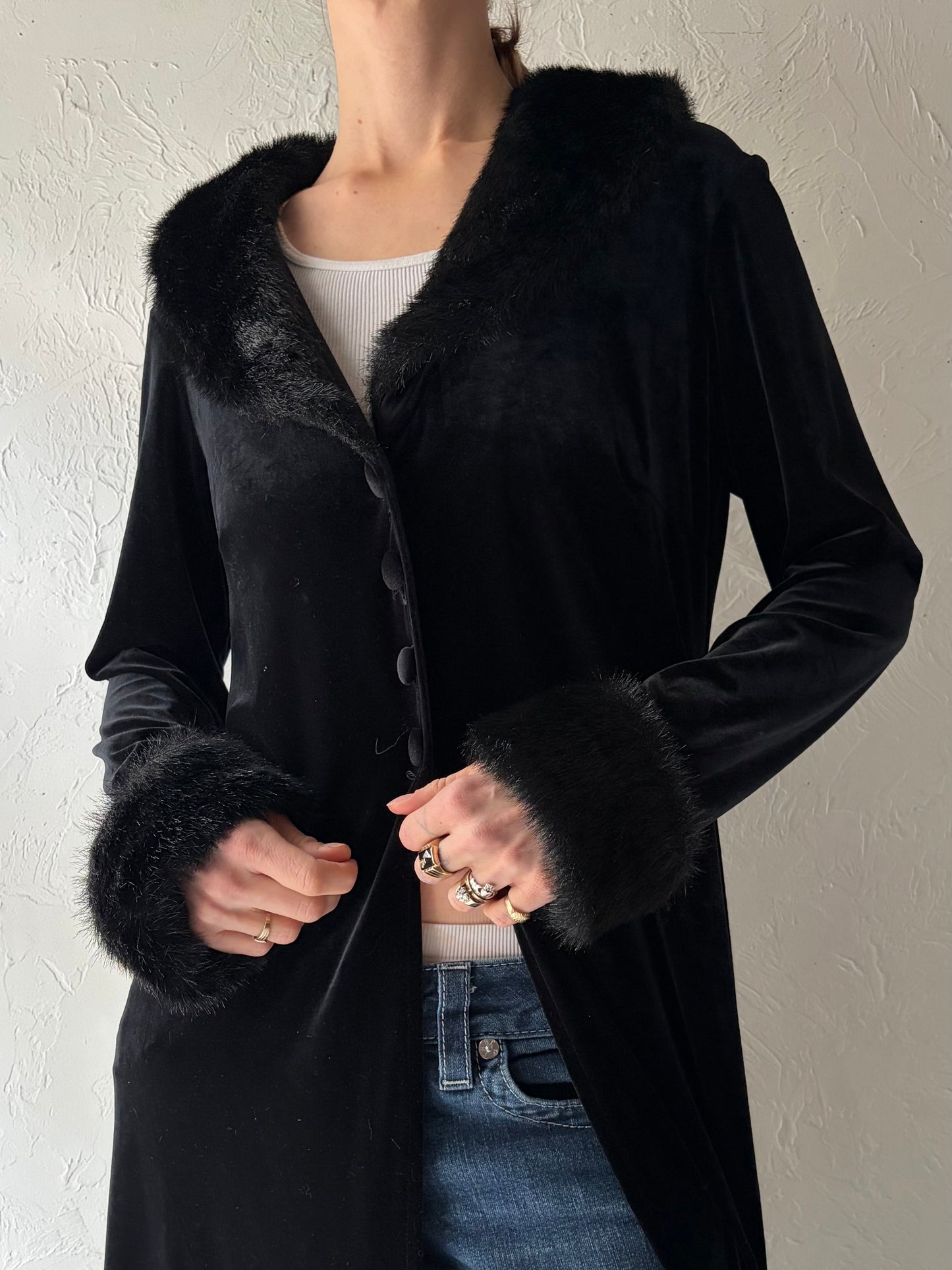90s 'Onyx Nite' Black Velvet Long Coat / Large