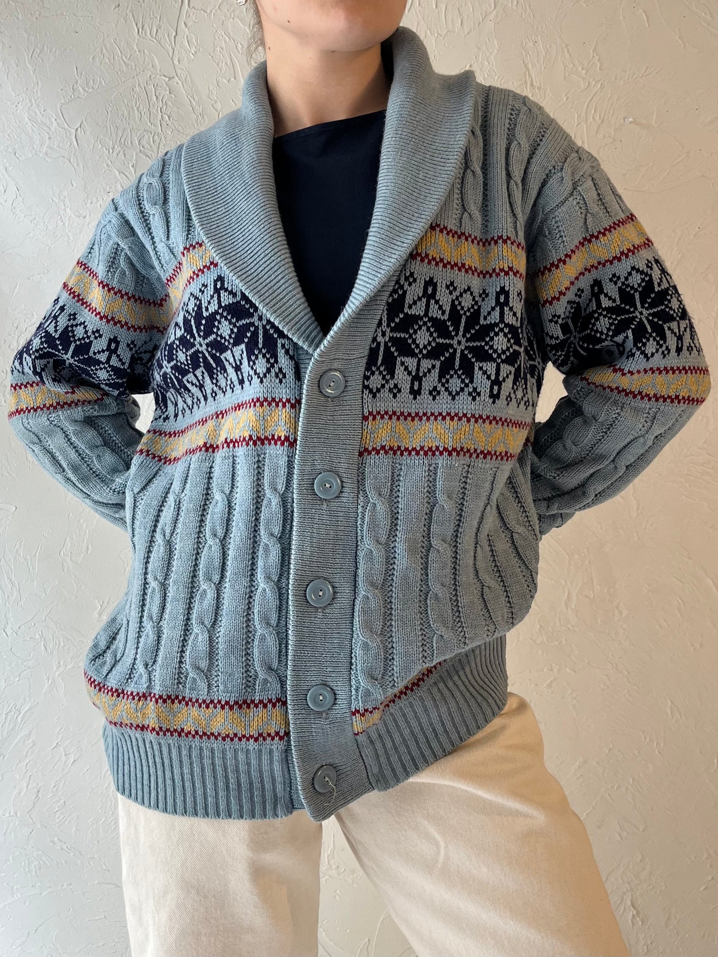 80s 'Kentfield' Blue Knit Cardigan Sweater / Medium