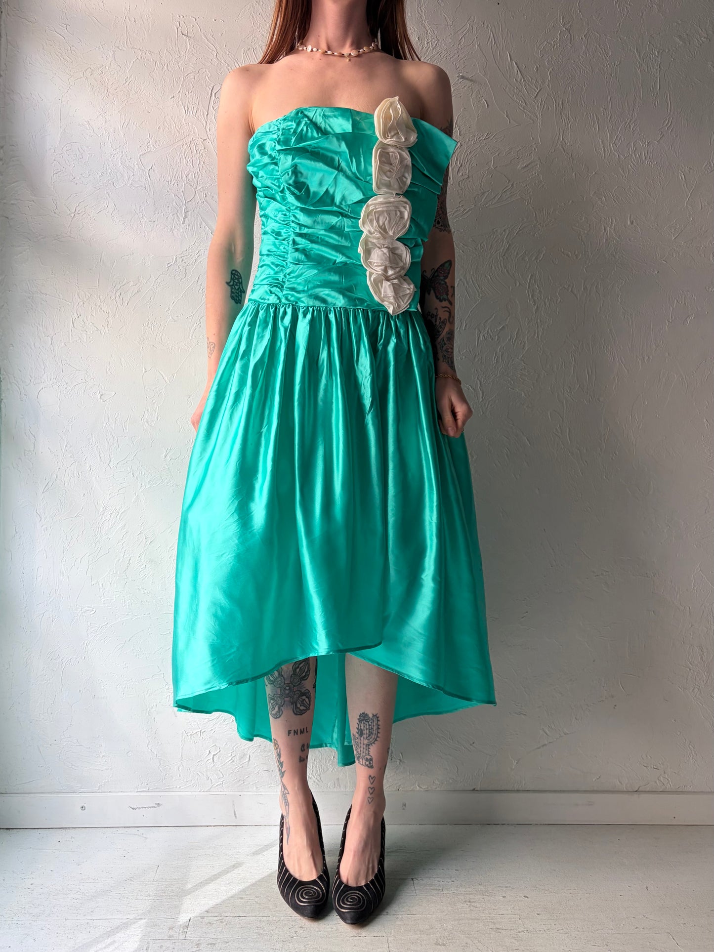 80s ‘Gunne Sax’ Green Asymmetrical Hem Formal Strapless Prom Dress / Small - Medium