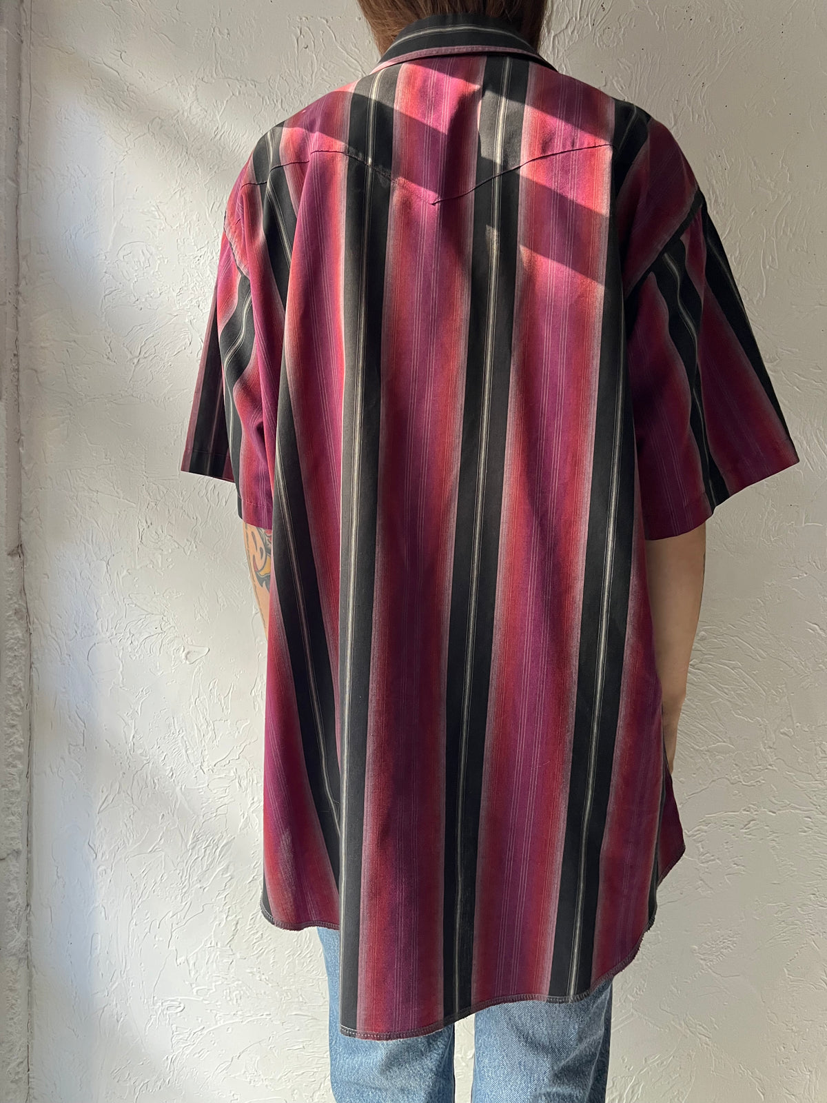 Y2k 'Wrangler' Striped Western Cowboy Workwear Short Sleeve Snap up  Top / Large