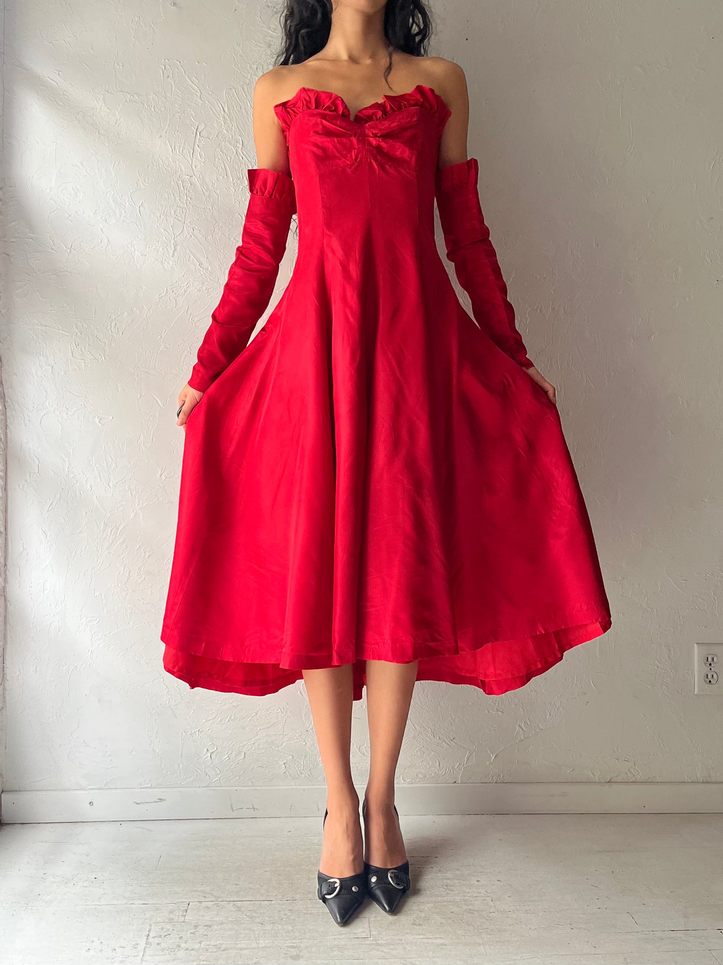 60s Red Strapless Formal Dress / Small