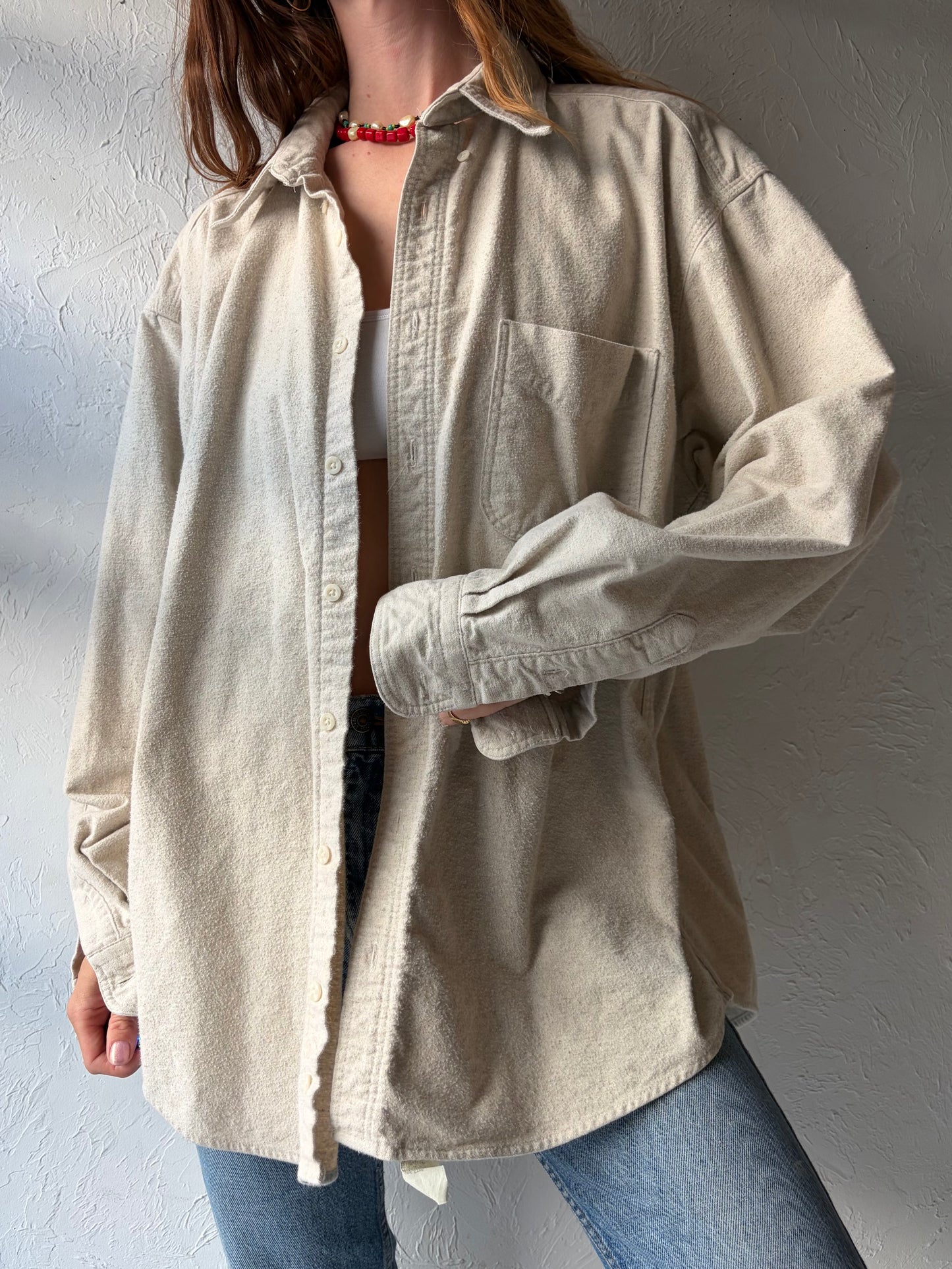 90s 'Woolrich' Cream Thick Cotton Button Up Shirt / Large