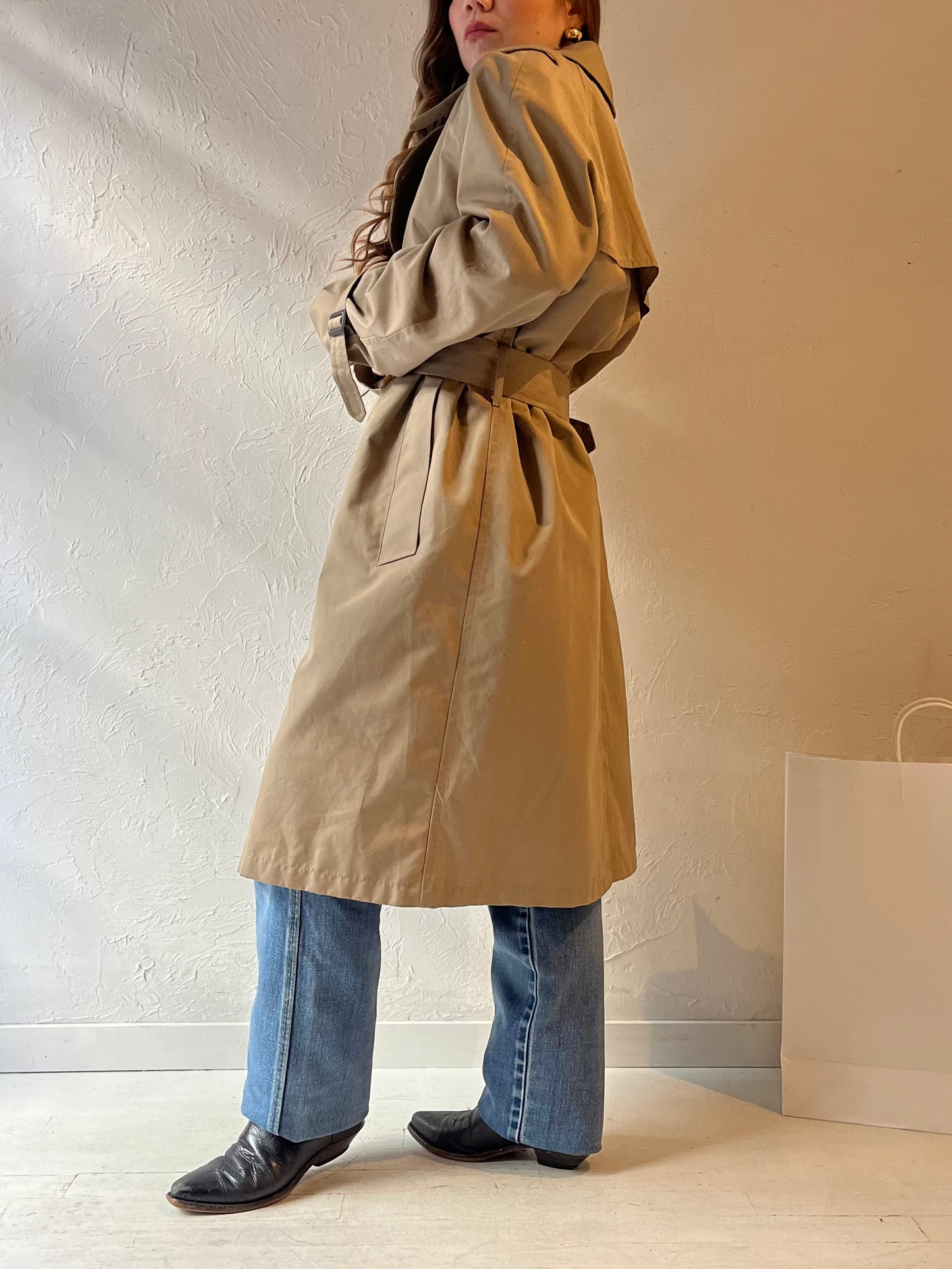 90s 'Clipper Mist London Town' Beige Faux Fur Lined Trench Coat / Medium