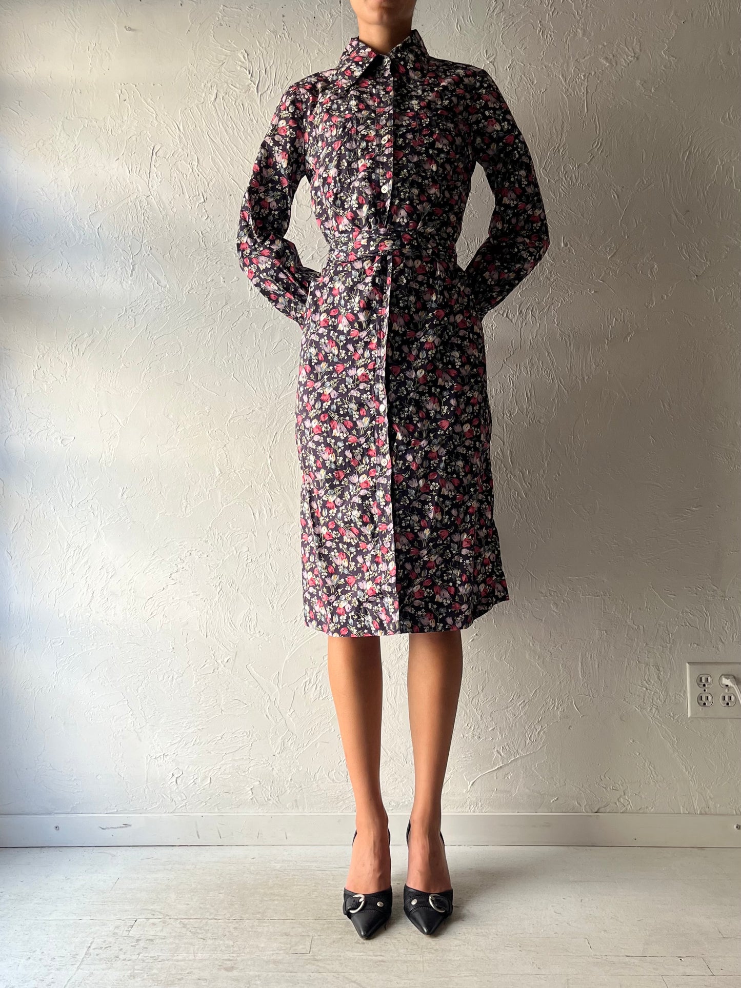 70s 'Ports' Floral Print Button Up Dress / Small