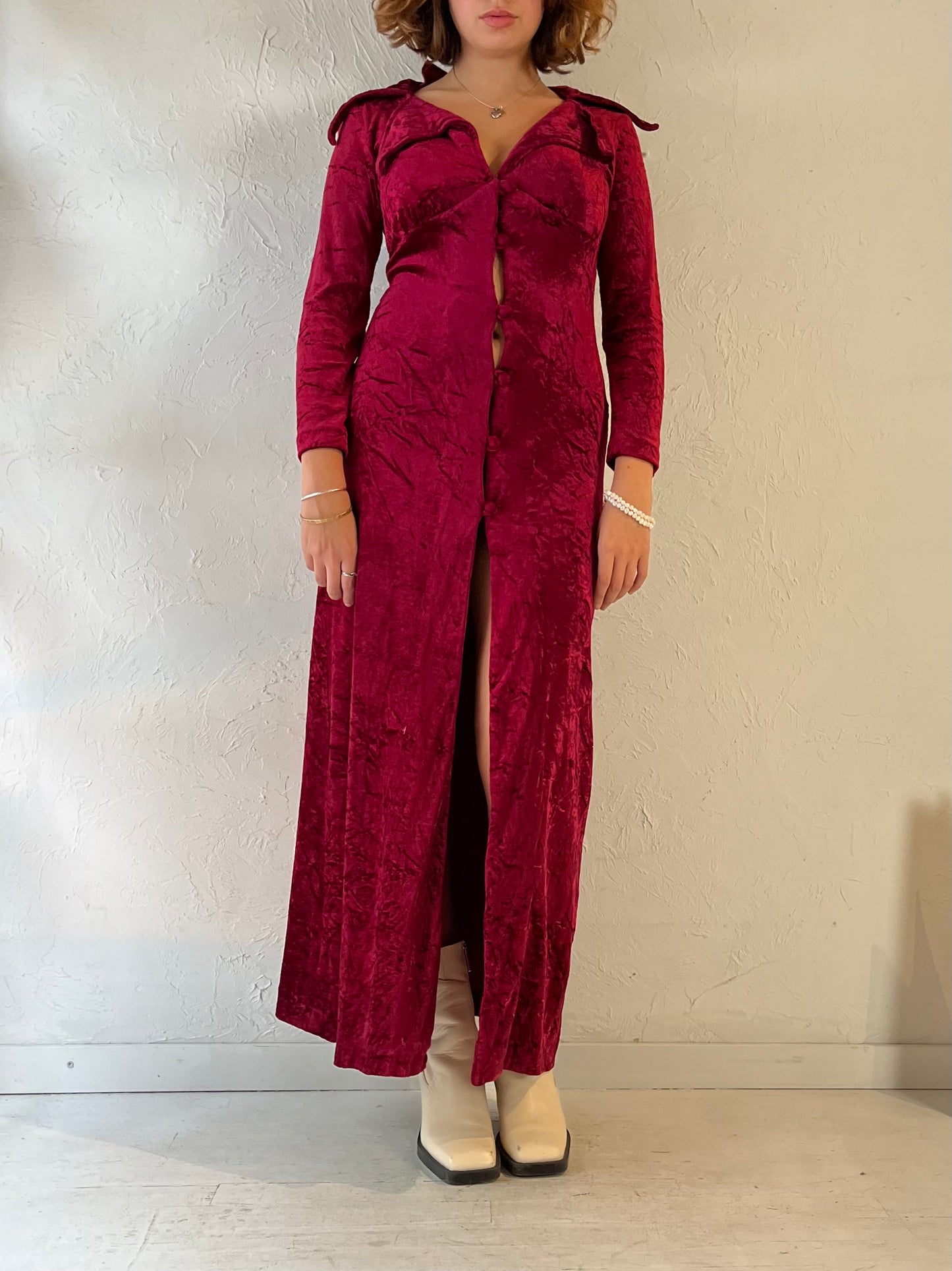 70s 'Katherines' Red Crushed Velvet Duster Dress / Small