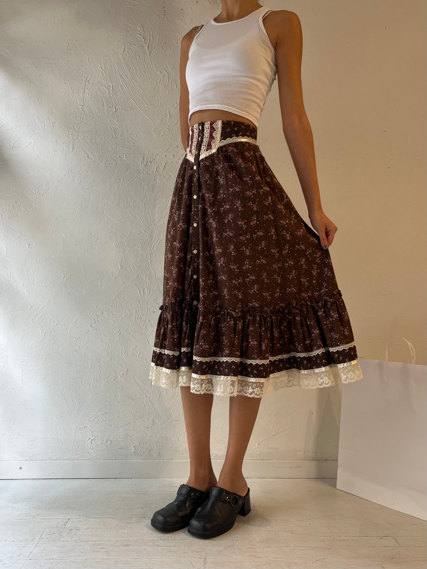 70s 'Gunne Sax' Brown Floral Print Peasant Skirt / Small