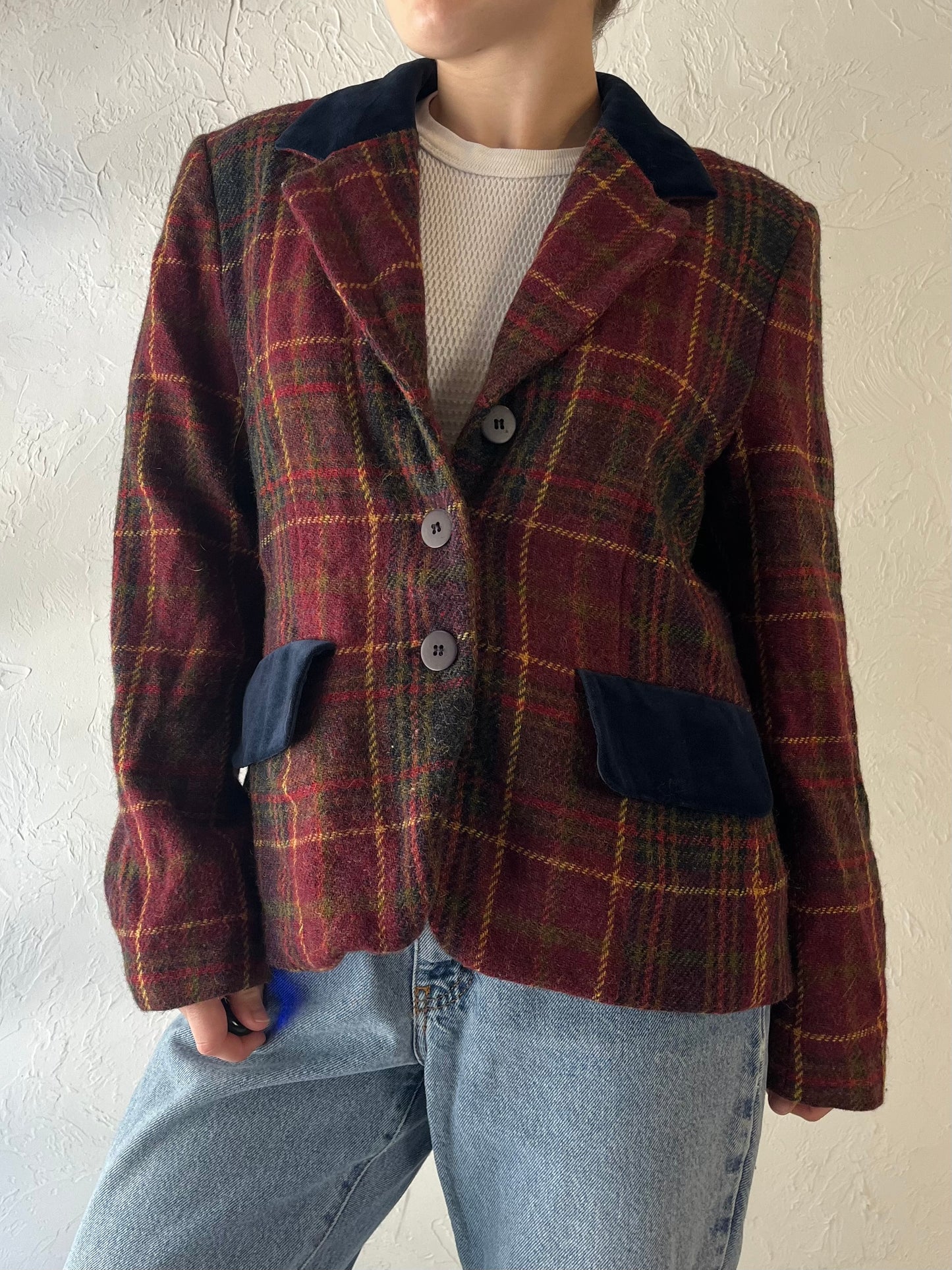 90s 'Jones New York' Knit Wool Plaid Blazer Jacket / Medium