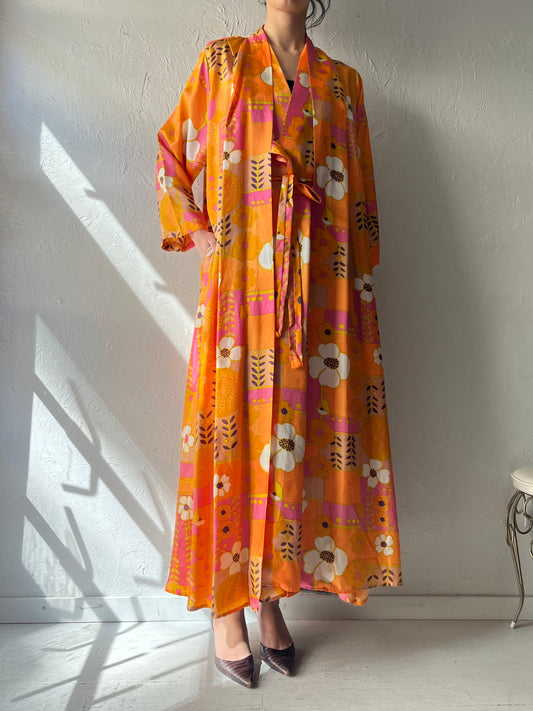 70s 'Kayser' Floral Robe Wrap Hippie Retro Dress / Large