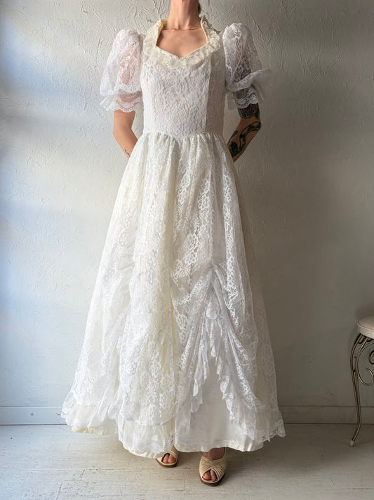 80s 'Gunne Sax' White Lace Puff Sleeve Wedding Dress / Medium