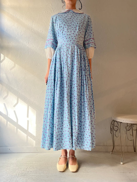 Vintage Handmade Blue Baby Blue Floral Peasant Maxi Dress / Small