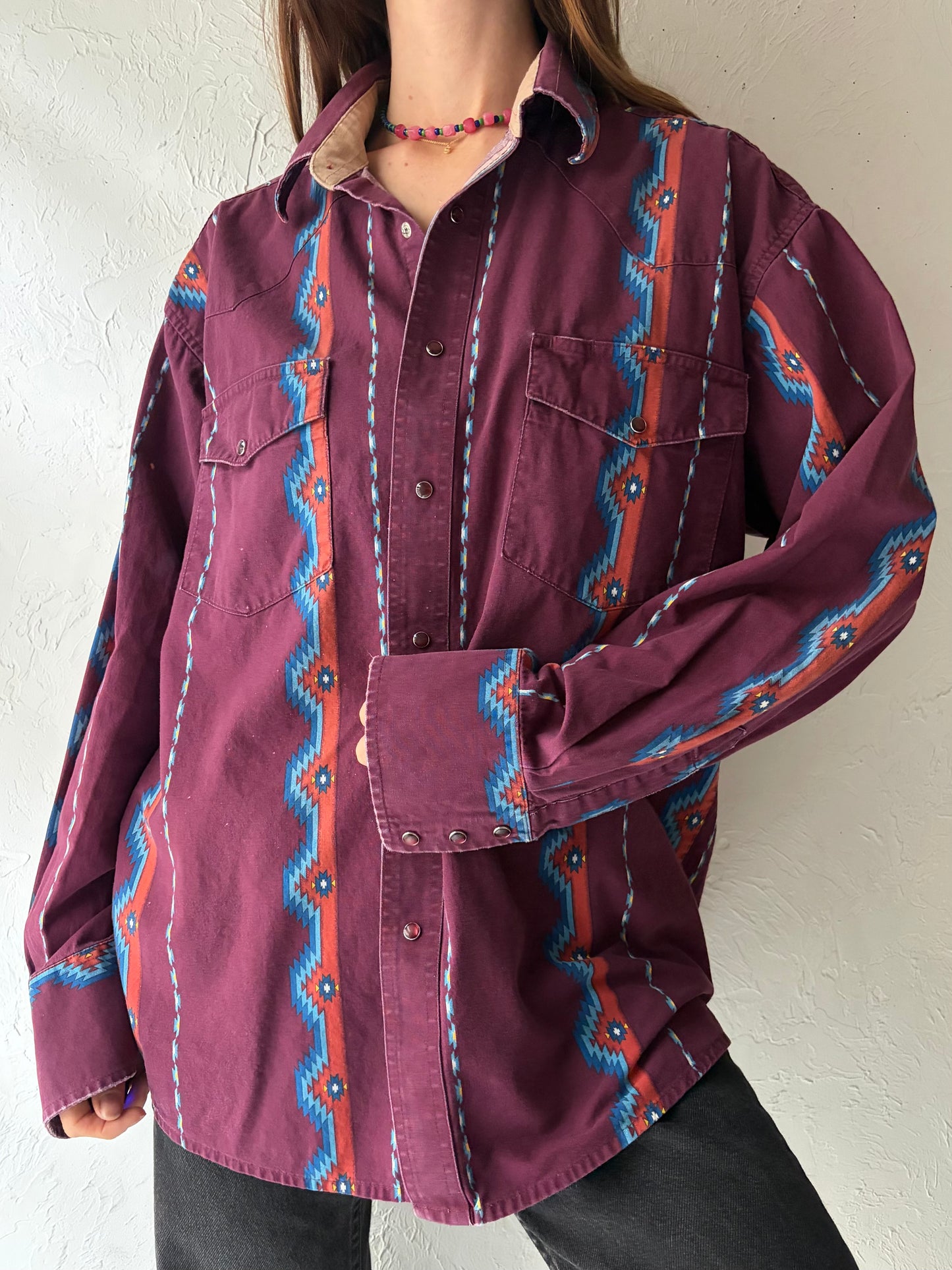 Y2k 'Wrangler' Retro Patterned Western Snap Up Shirt / Vintage 2000s Cowboy Work Wear Shirt / Large