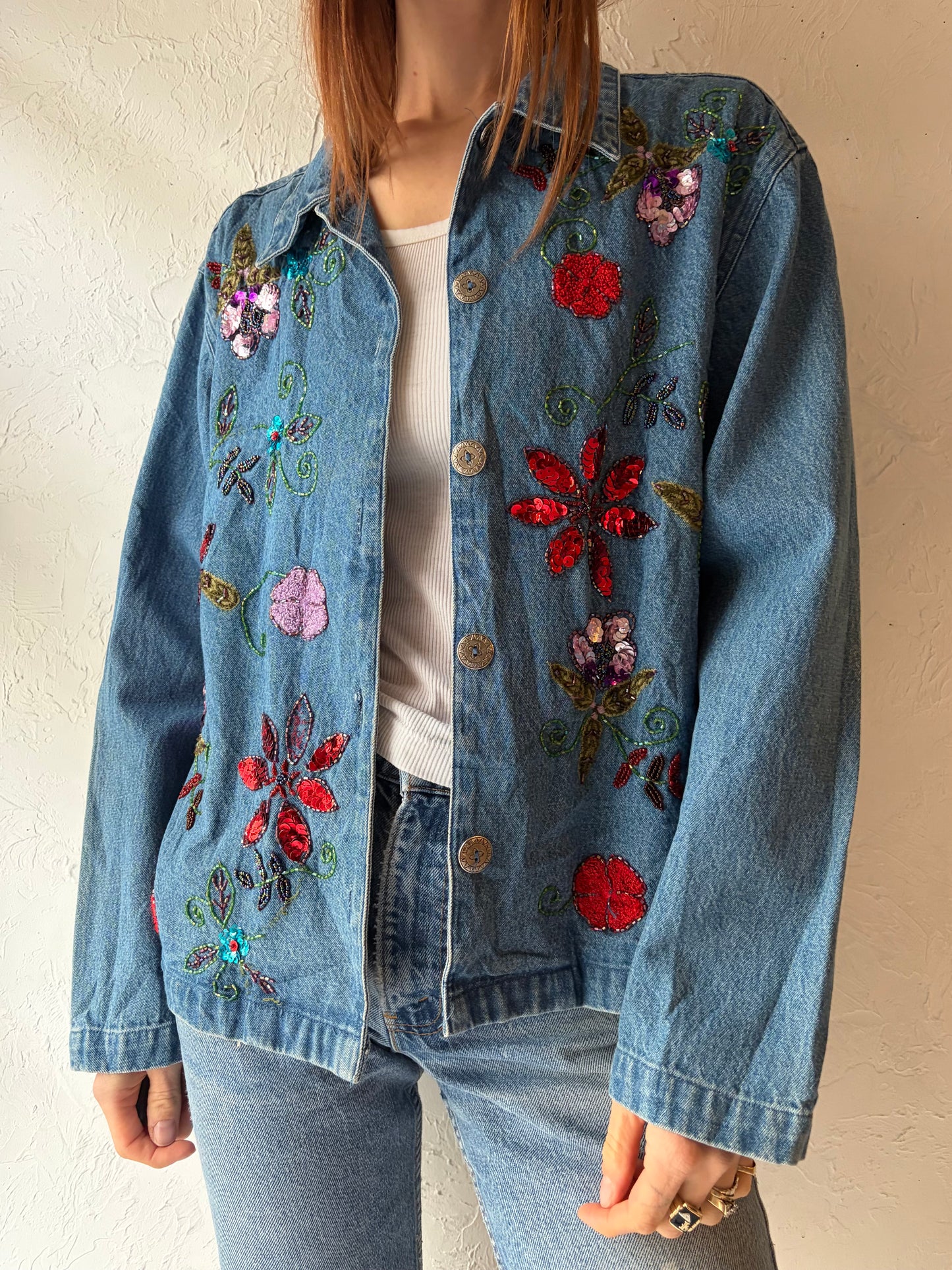 90s 'Tantrum' Beaded Denim Jacket / Medium