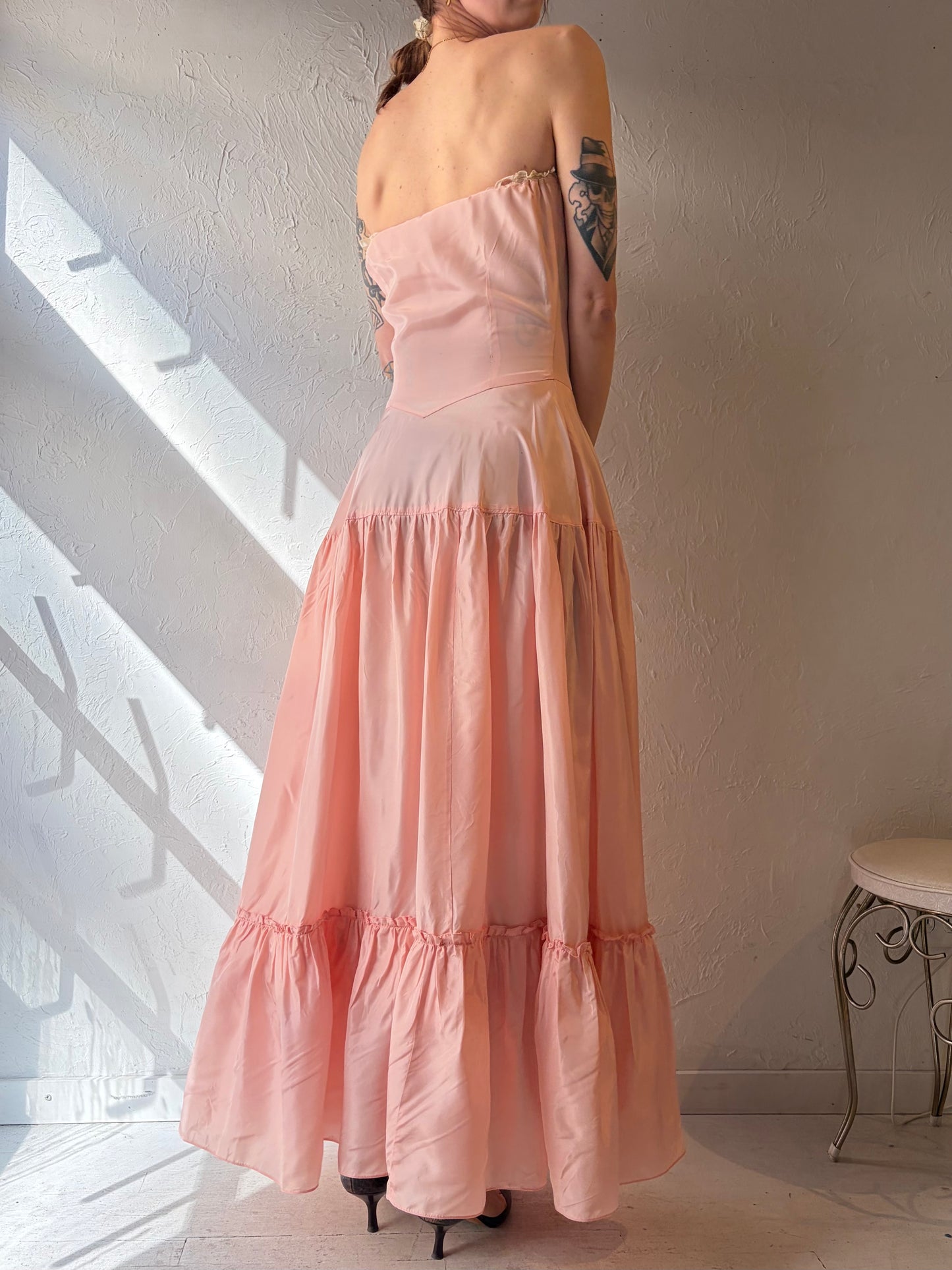 Vintage Pink Strapless Peasant Style Maxi Dress / Small