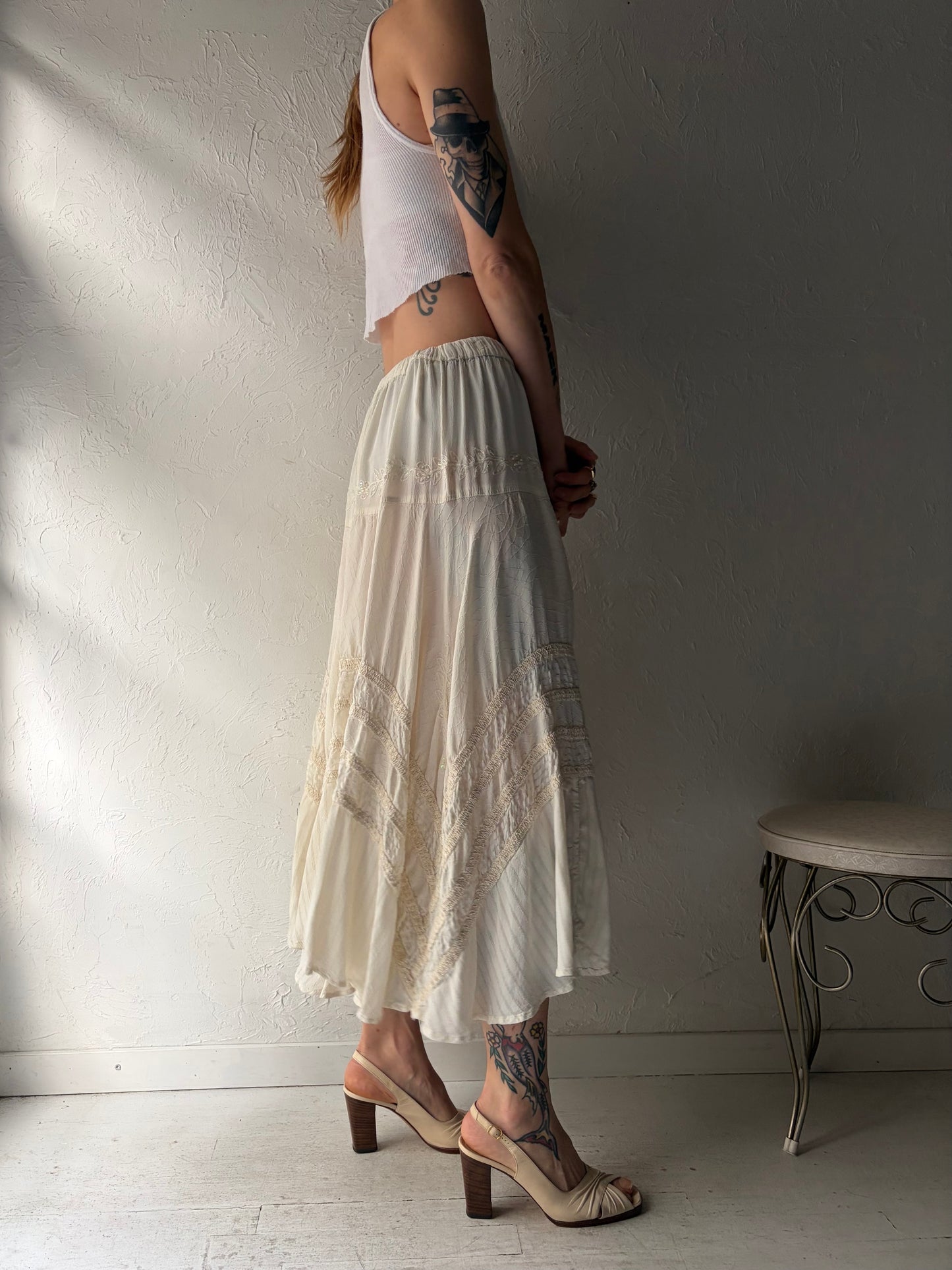 90s 'Papa' White Skirt Rayon Maxi Skirt / Medium