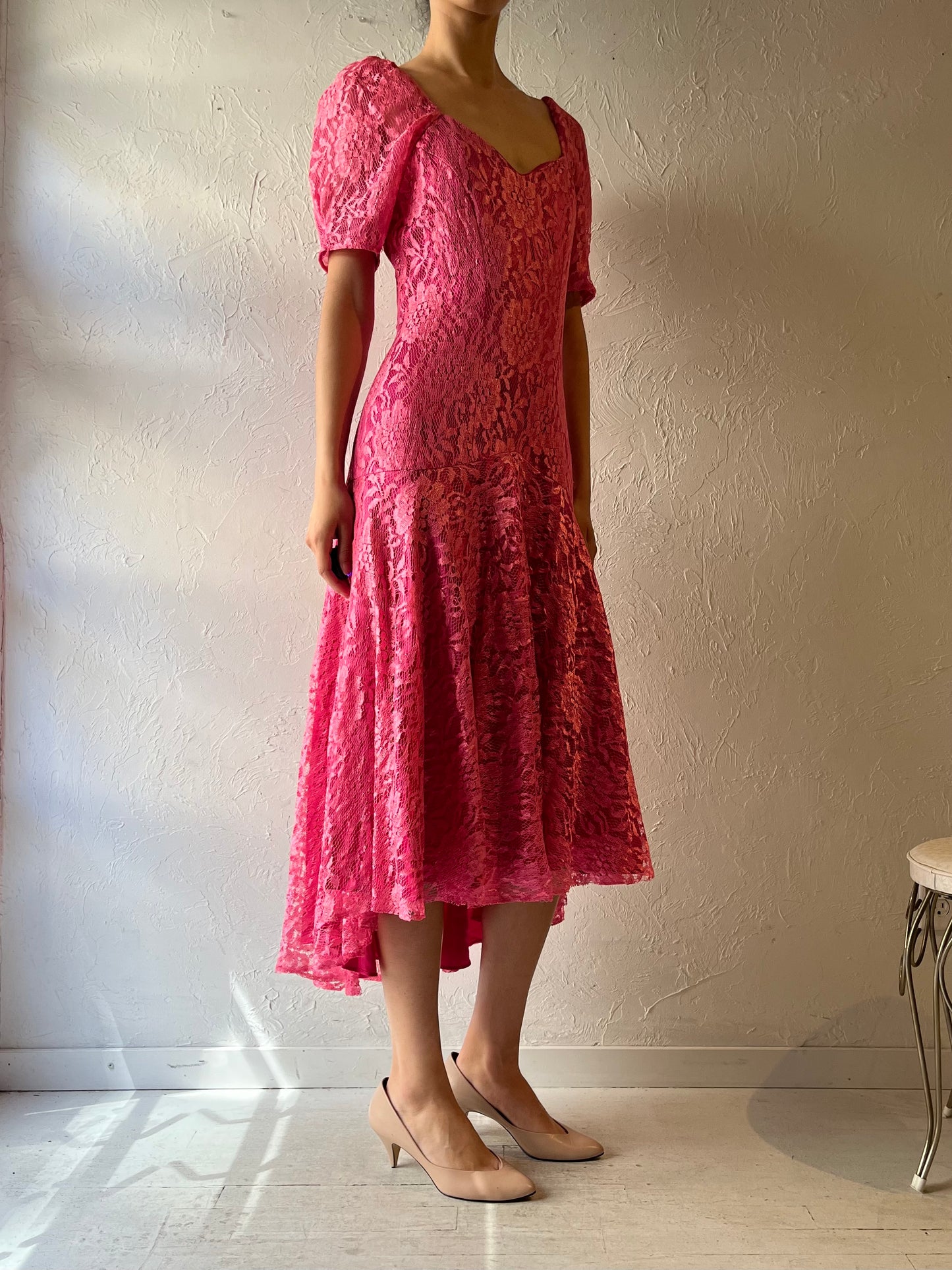 70s 'Nu Mode' Pink Lace Formal Prom Dress / Small