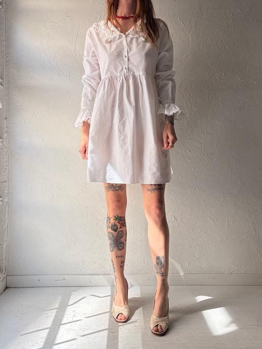 90s White Cotton Cottage Core Long Sleeve Mini Dress / Medium