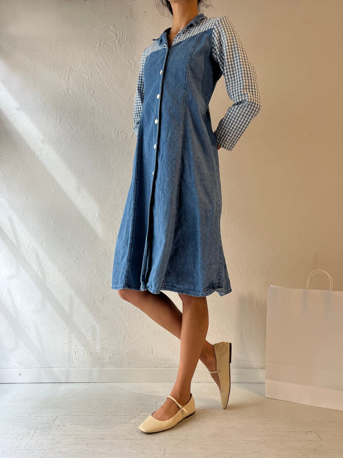 90s 'Rose Cottage' Long Sleeve Collared Denim Dress / Small