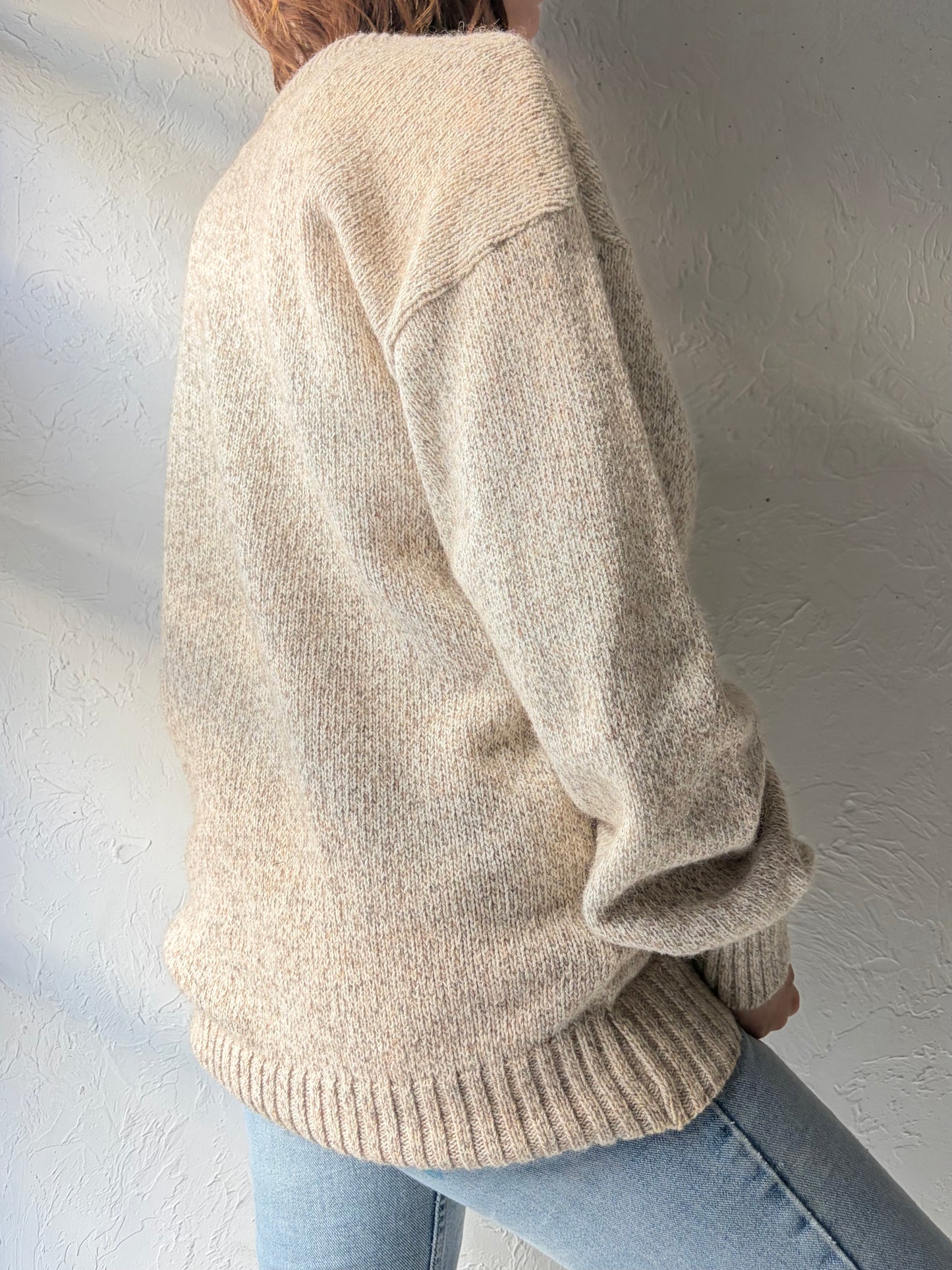 90s 'North Woods' Oatmeal Minimalist Crew Neck Pull Over Sweater / Medium