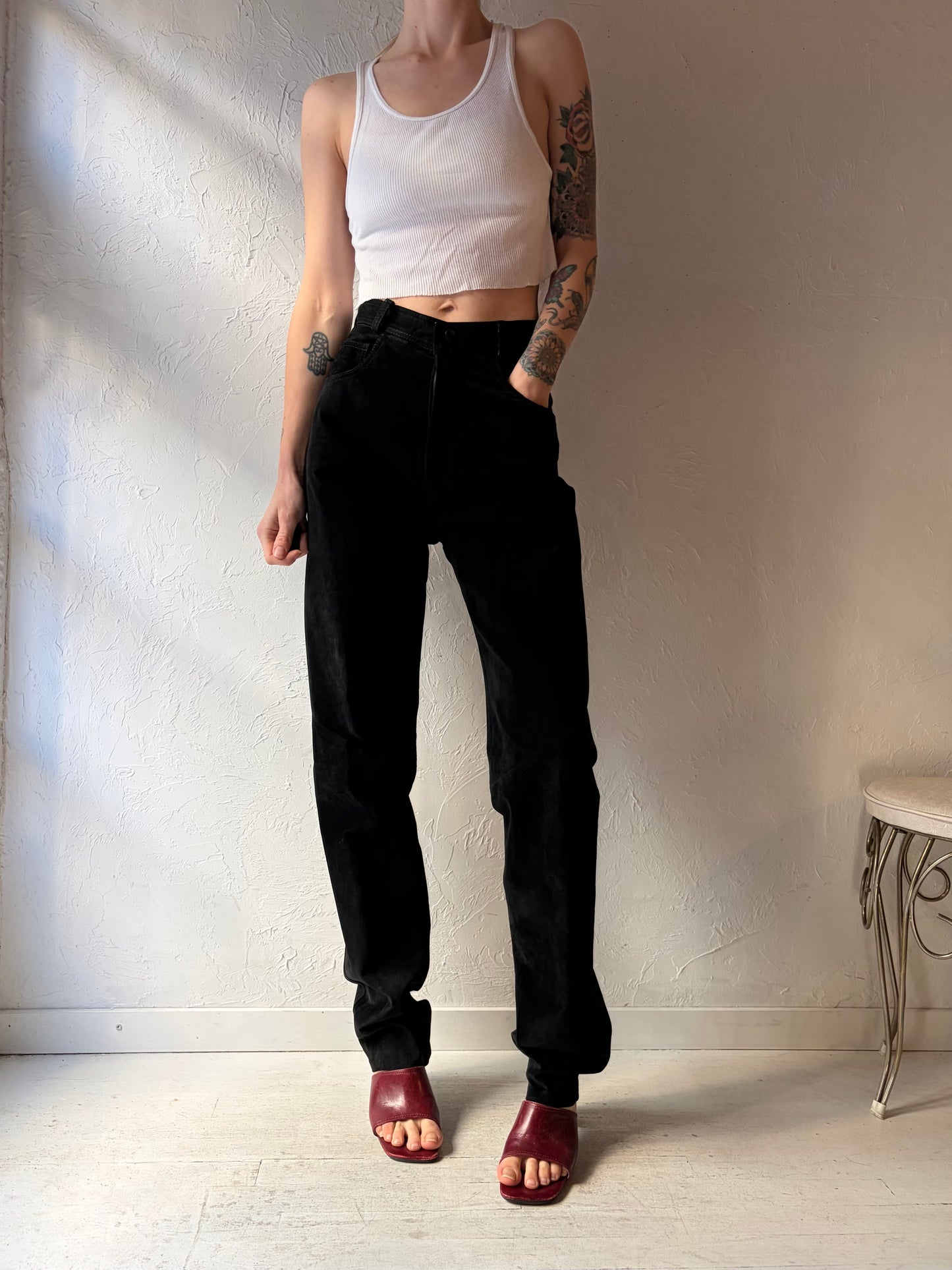 90s 'Danier' Black Suede Leather Pants / Small