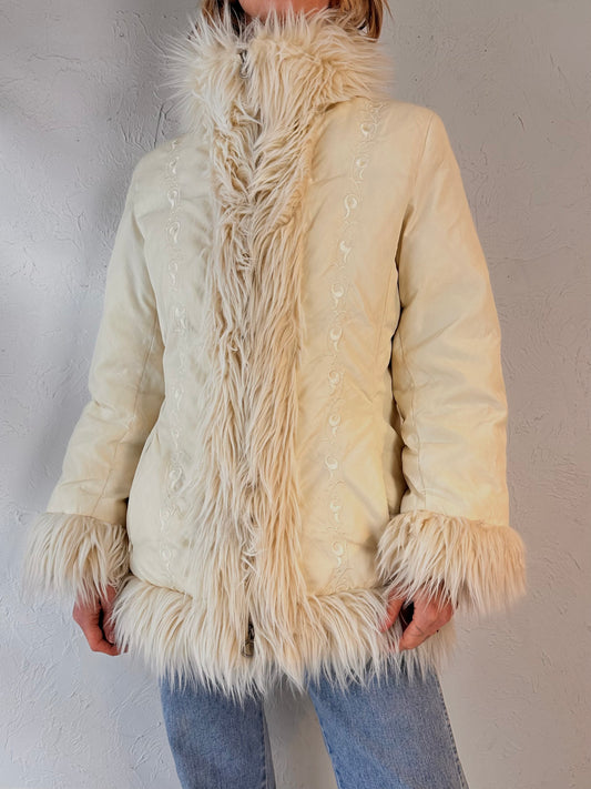 Y2k 'Guess' White Puffer Jacket w/ Faux Fur Trim / Small