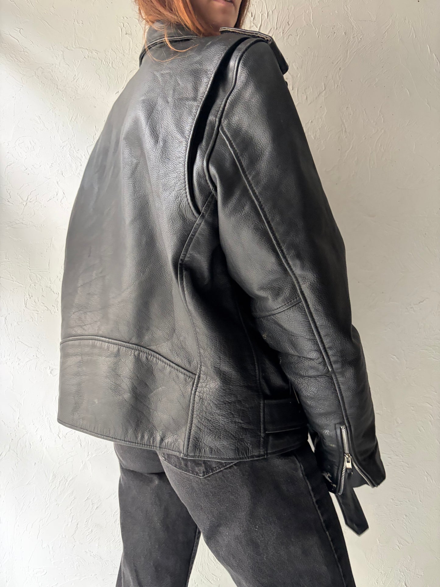 90s 'FMC' Heavy Duty Leather Moto Jacket / Large