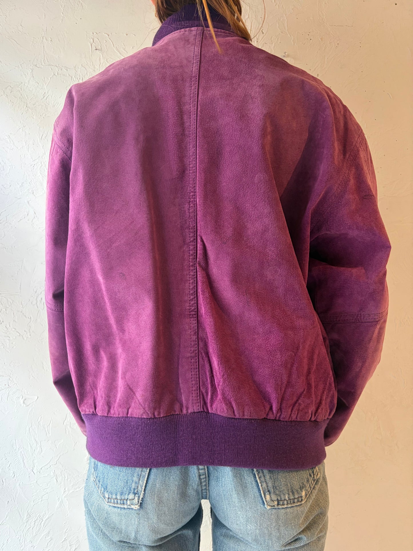90s 'Mixed Blues' Purple Suede Leather Bomber Jacket / Medium