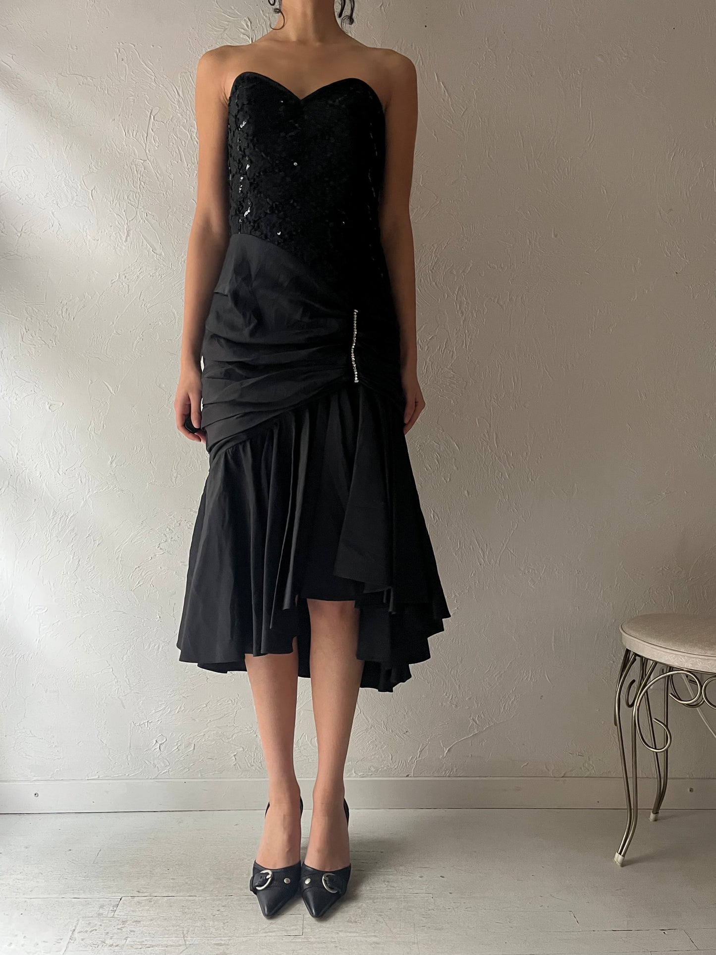 80s 'Lori Anne' Black Strapless Formal Dress / Medium