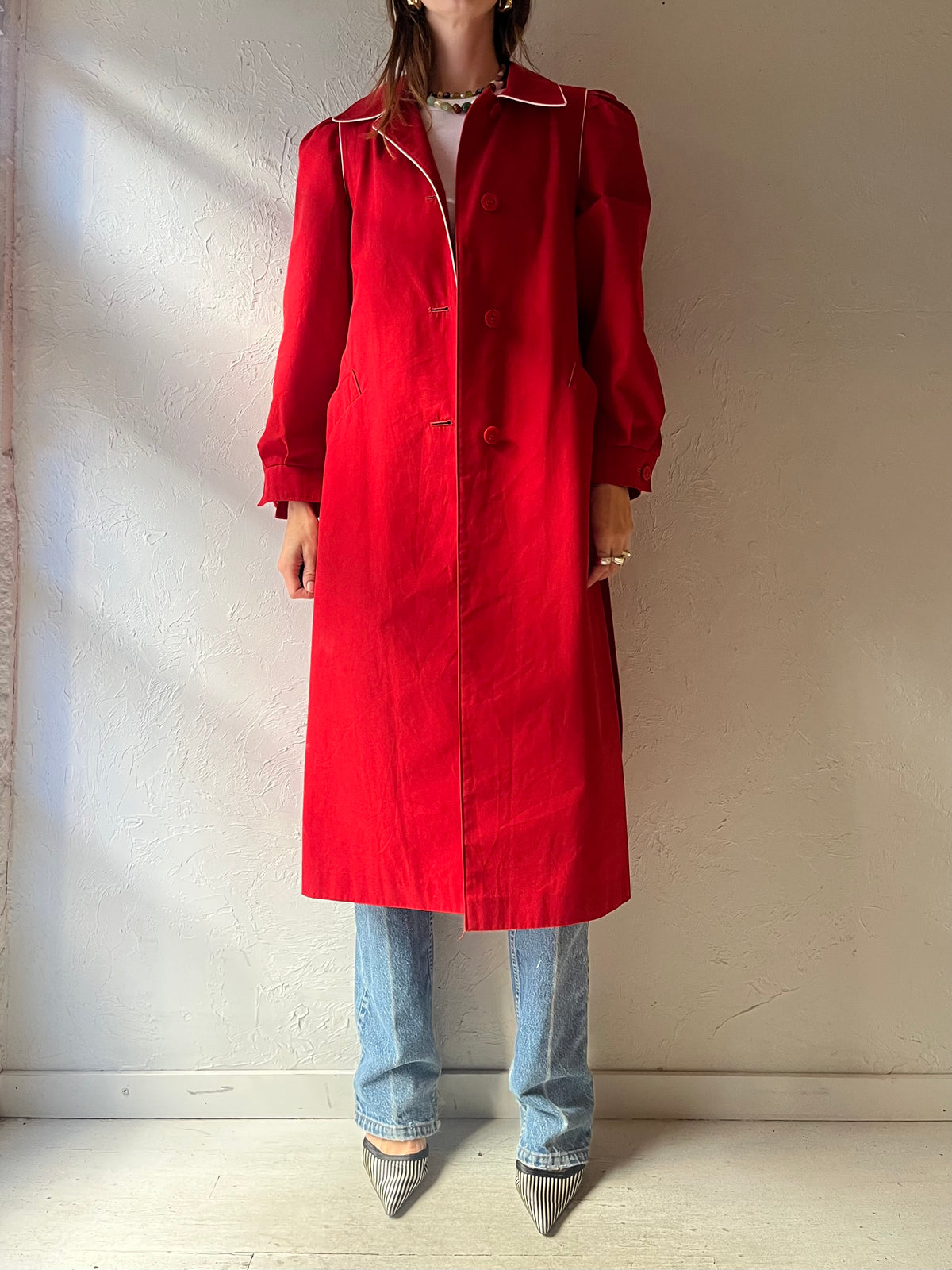 90s 'Collection Elegante' Red Minimalist Academia Trench Coat / Small