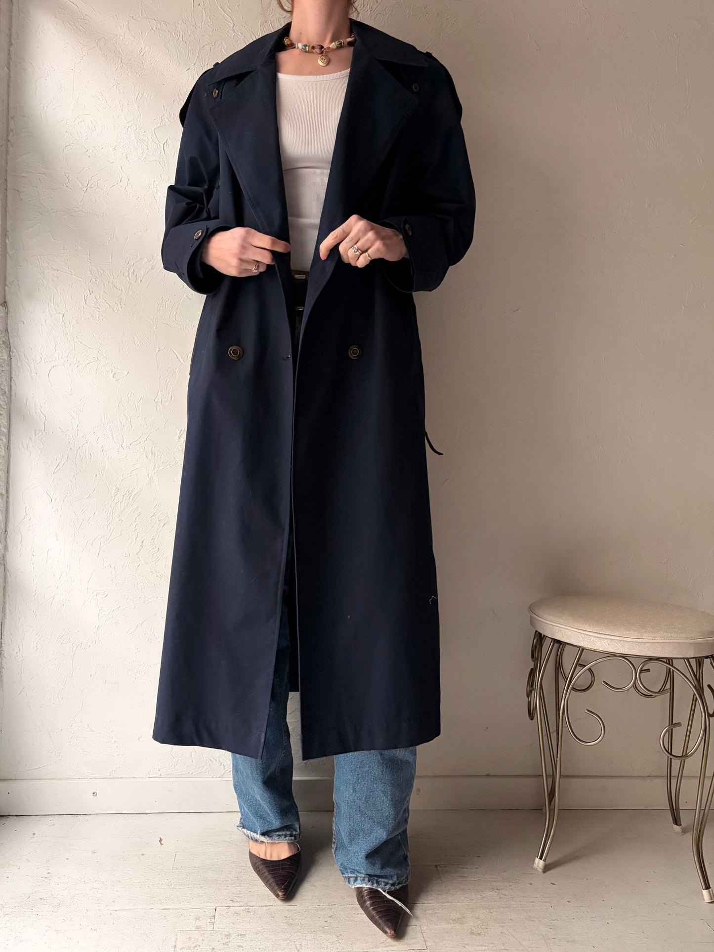 90s 'Niccolini' Navy Blue Trench Coat / Medium
