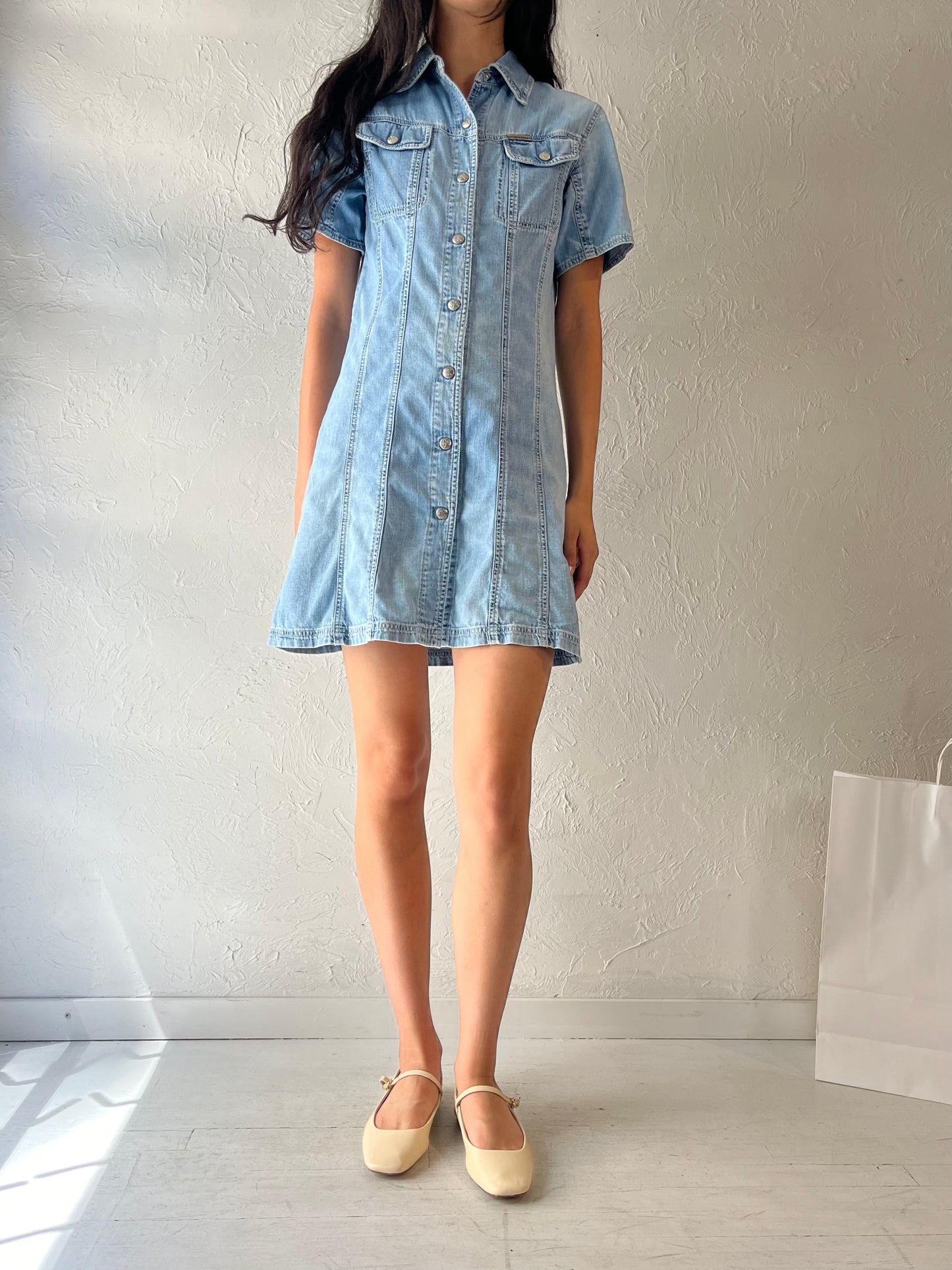 90s 'Calvin Klein' Button Up Denim Mini Dress / Medium