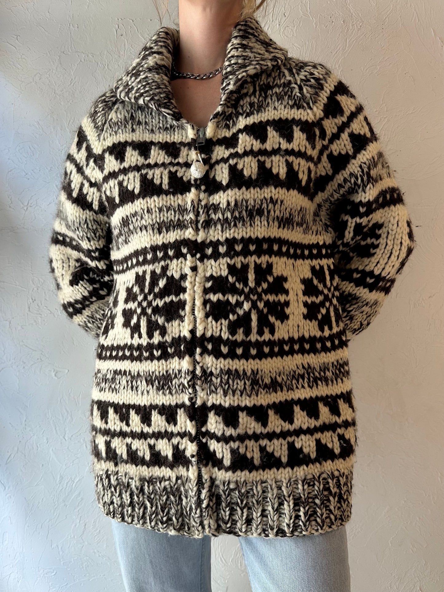 Vintage Hand Knit Chunky Wool Snowflake Sweater / XL