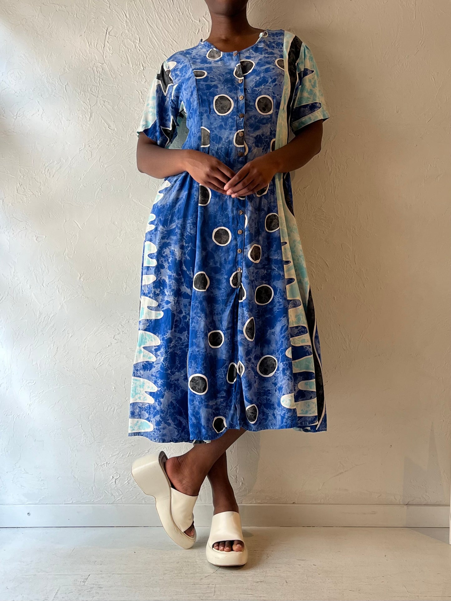 90s 'Yaya' Bue Patterned Rayon Dress / Small - Medium