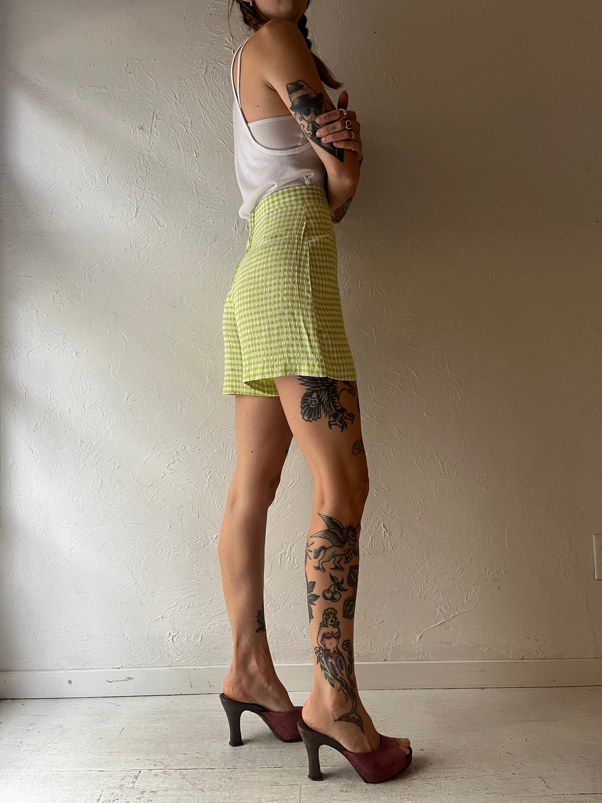 80s Lime Green Gingham High Waisted Checkered Mod Retro Cottagecore Summer Skort / XSmall