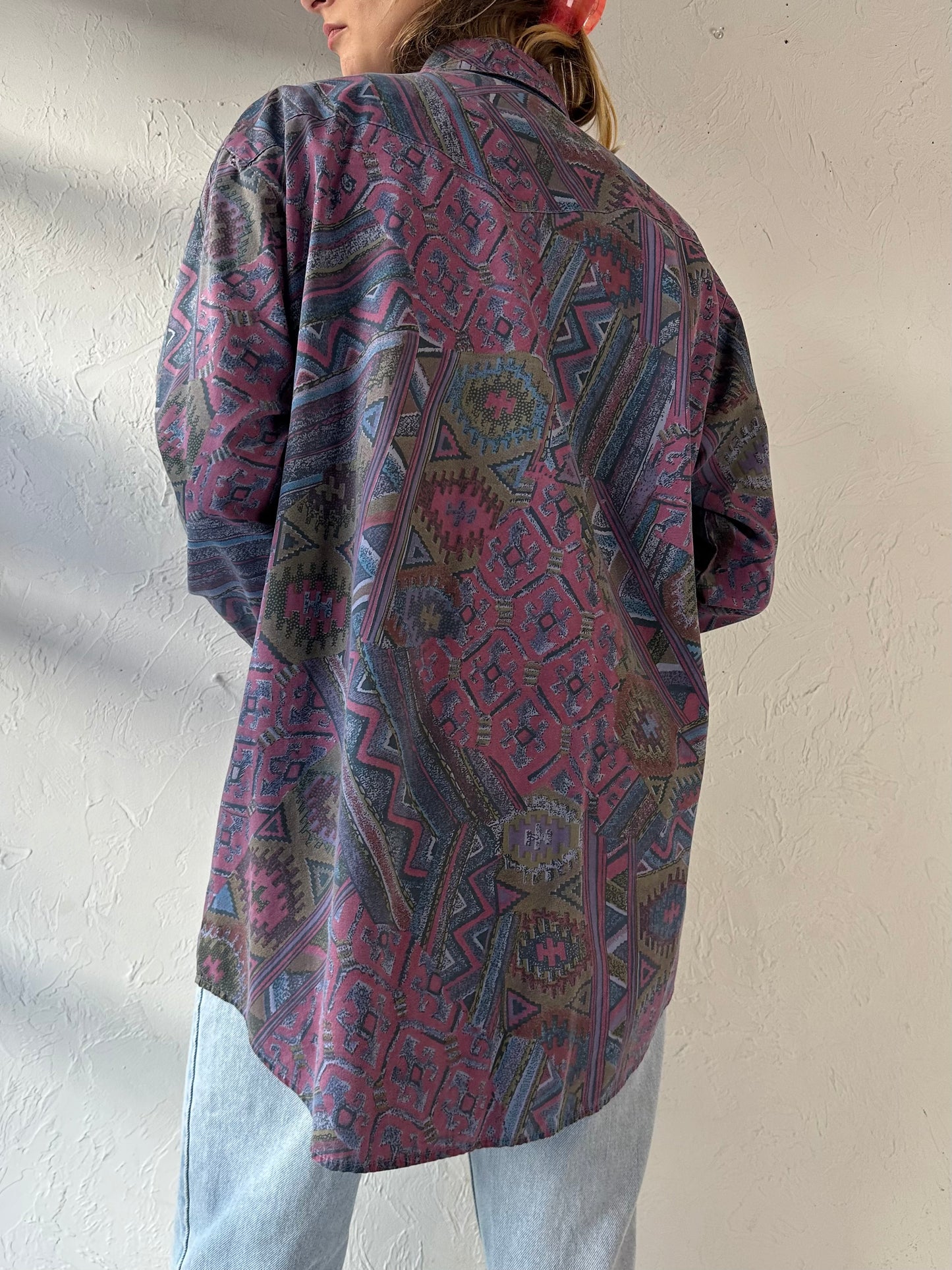 90s 'MWG' Purple Patterned Western Shirt / Large