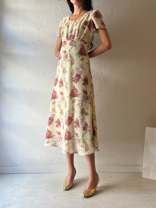 90s ‘Scarlet International’ Yellow Floral Midi Dress / Medium