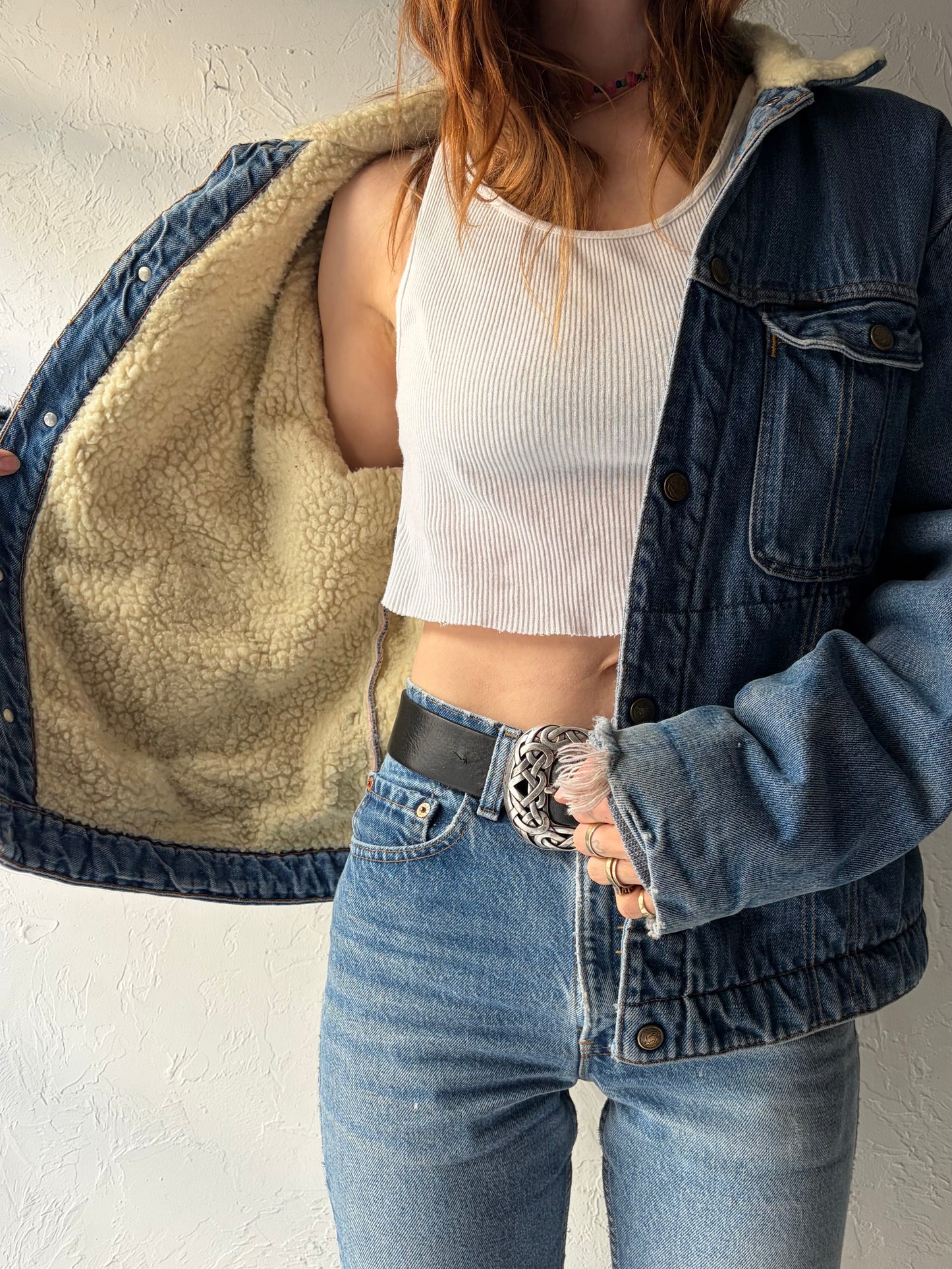 70s 'Key Imperial' Faux Shearling Lined Denim Work Wear Jacket / Medium