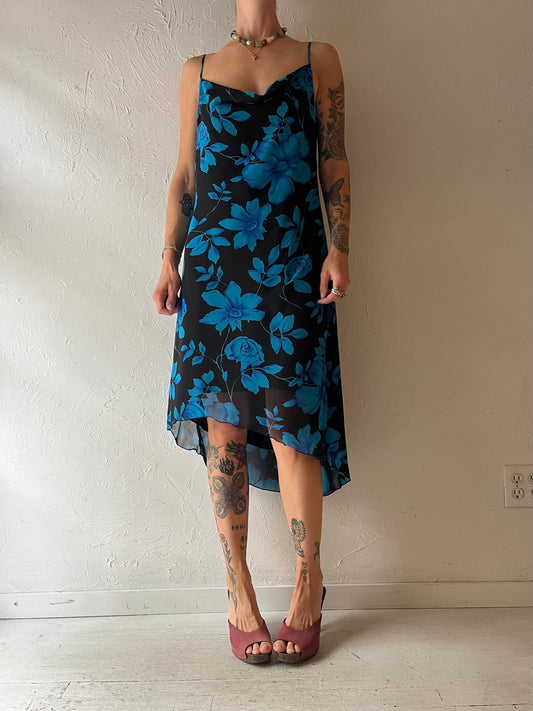 Y2k 'Fairweather' Blue Floral Print Assymetrical Dress / Large