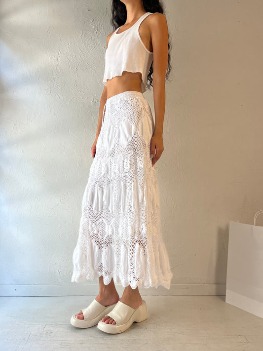 Y2k 'Baja Clothing' White Cotton Crochet Maxi Skirt / Small