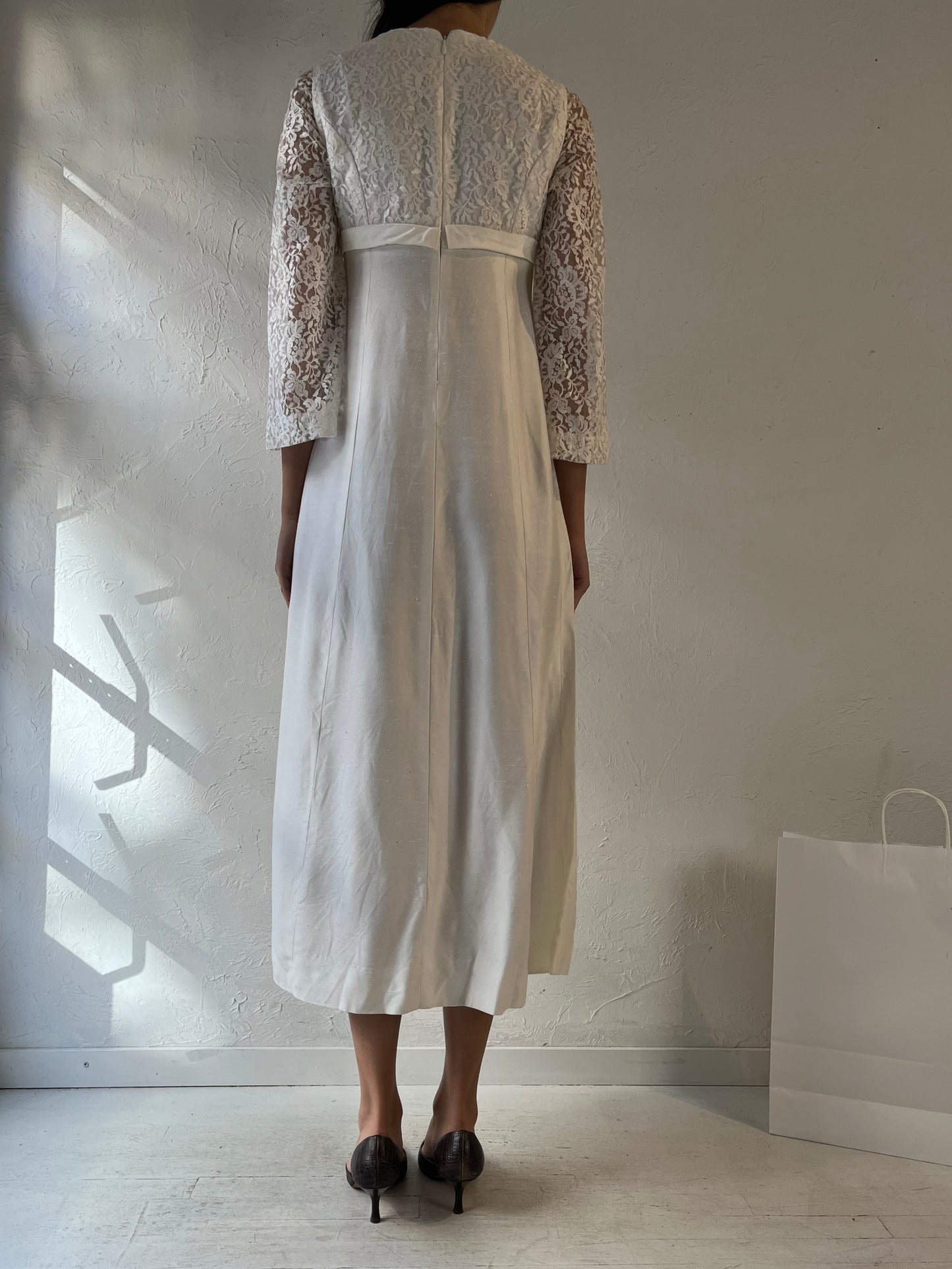 60s Handmade White Long Sleeve Lace Wedding Dress / Small