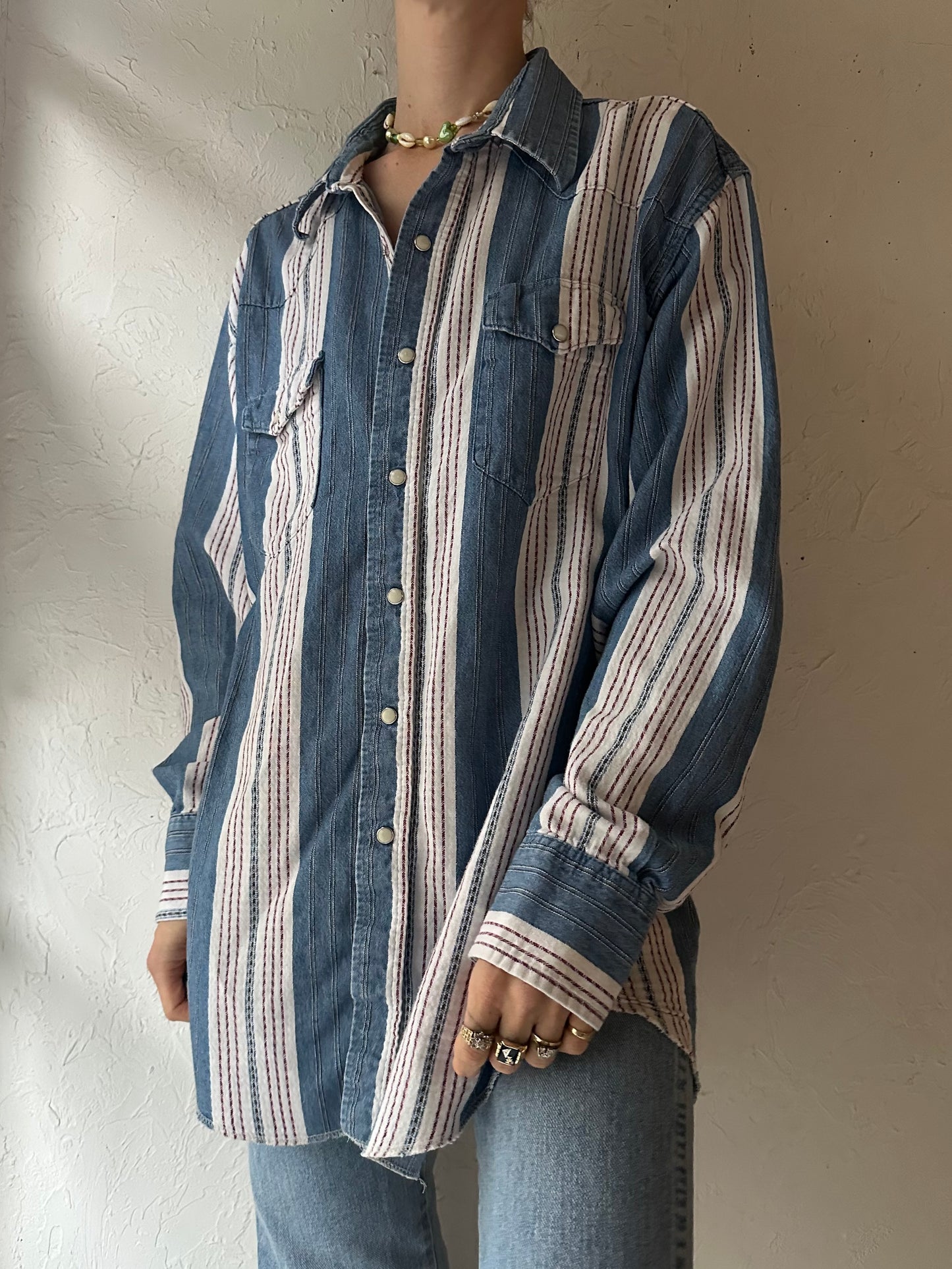 90s 'Wrangler' Striped Pearl Snap Wester Shirt / Large