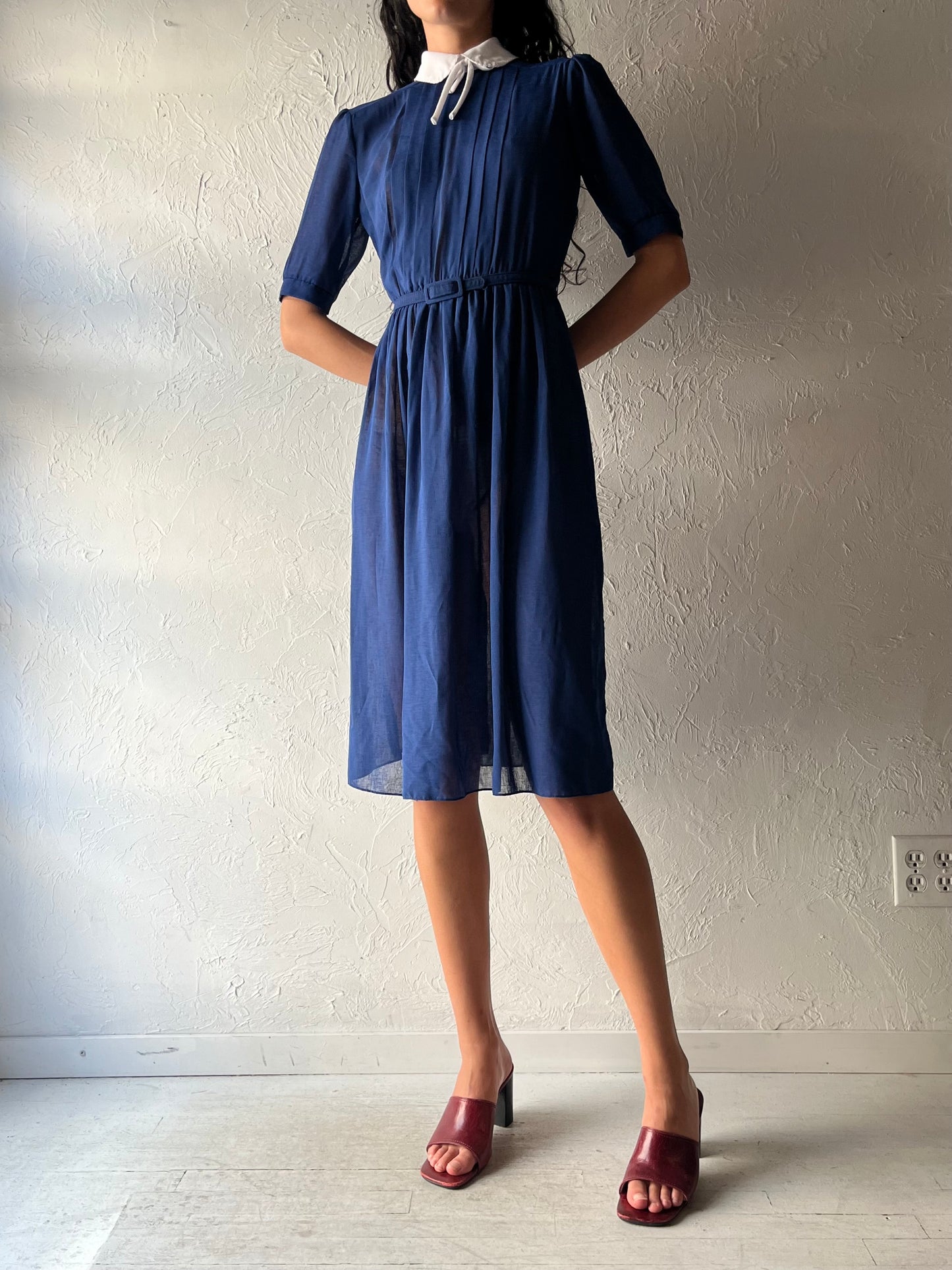 80s 'Xanadu' Blue Preppy Dark Academia Midi Shirt Dress / Small