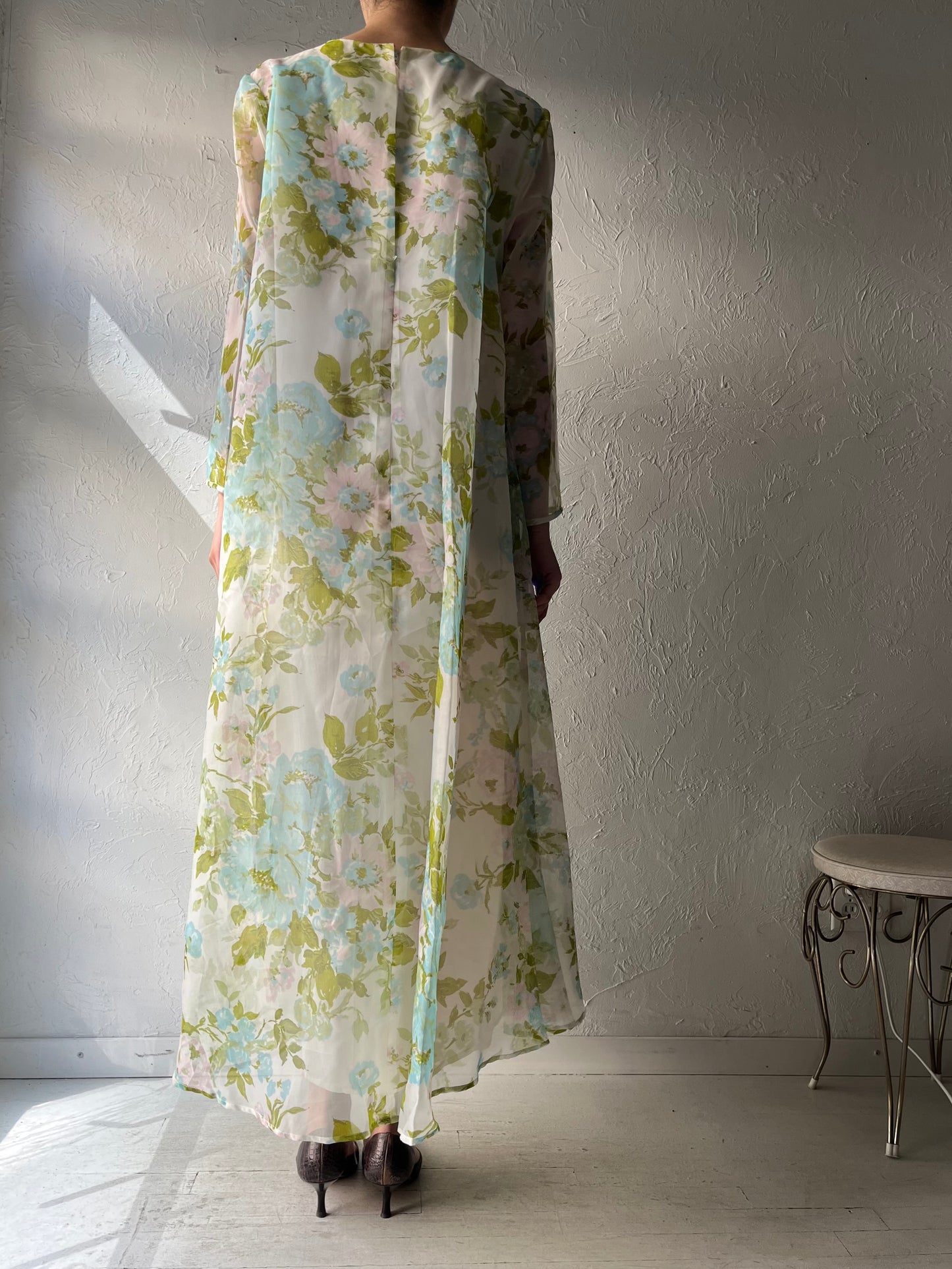 70s Vintage Floral Long Sleeve Gown / Romanic Summer Formal Dress / Union Made / Large