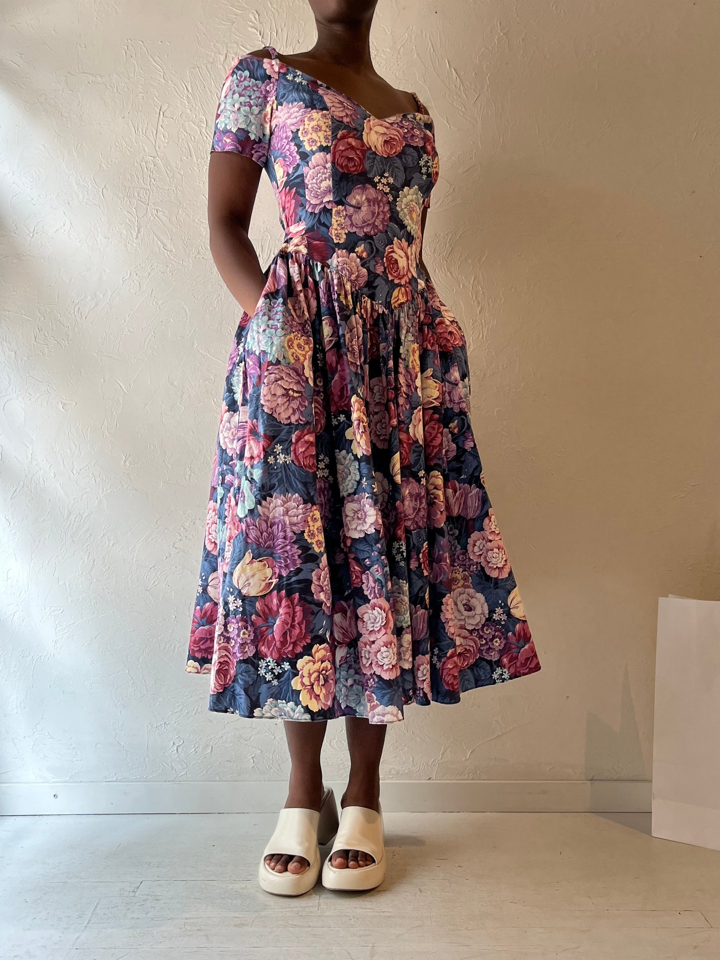 90s 'Robbie Bee' Floral Print Midi Dress / Medium