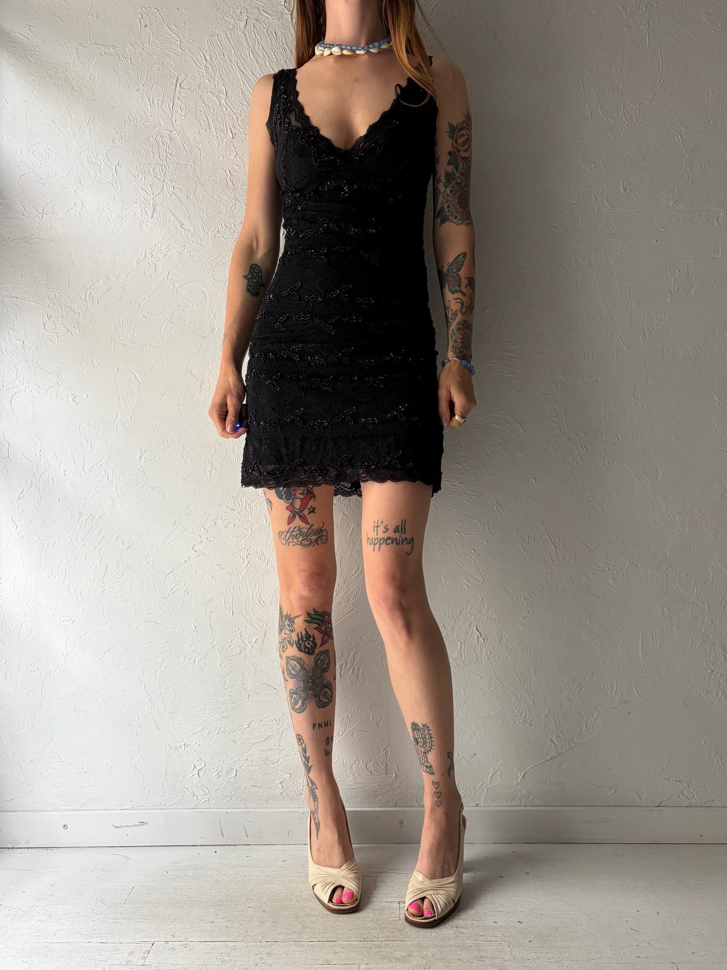 Y2k 'Le Chateau' Black Romanic Lace Beaded Mini Party Dress / XS
